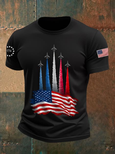 Men's Independence Day American Flag Jet Planes Print Casual Tee