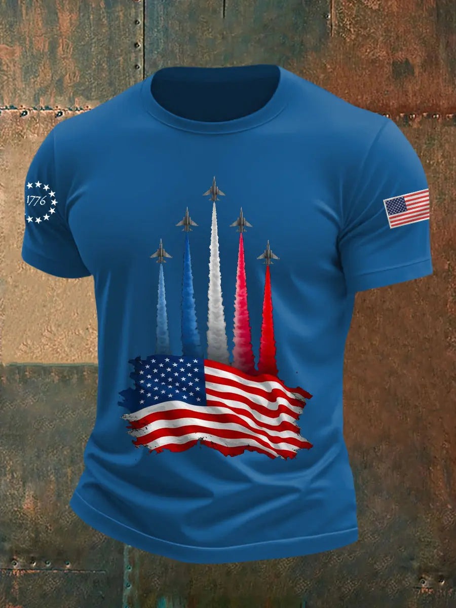 Men's Independence Day American Flag Jet Planes Print Casual Tee