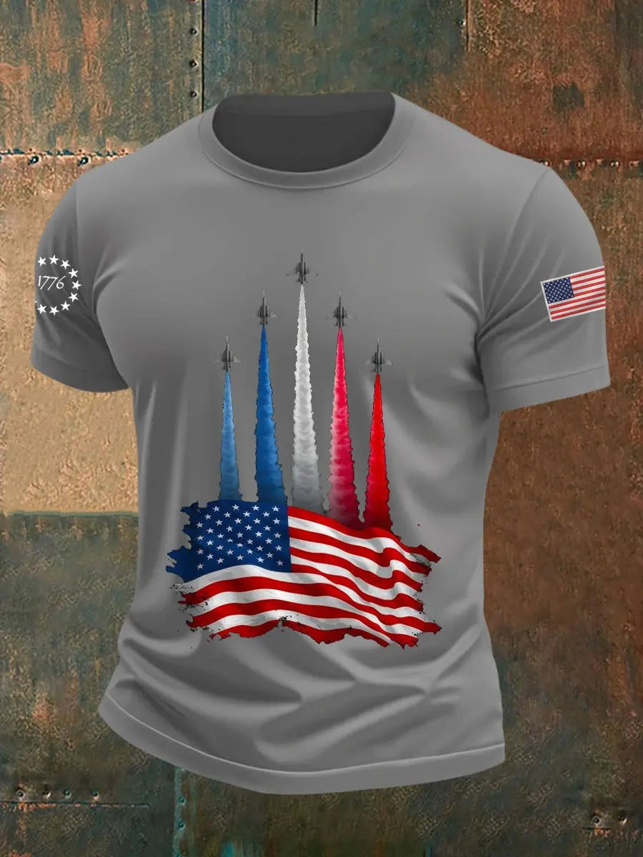 Men's Independence Day American Flag Jet Planes Print Casual Tee