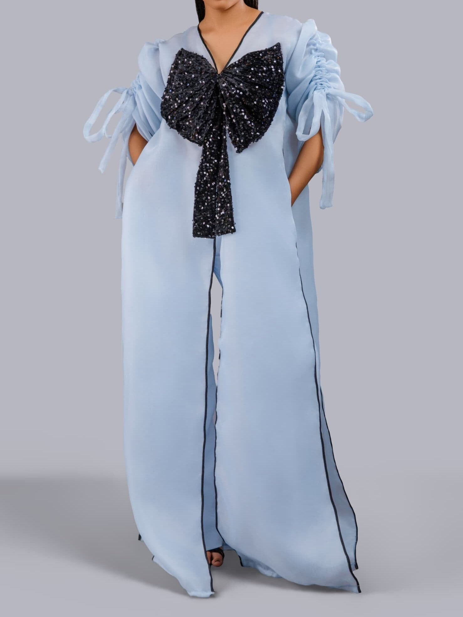 Black Bow Sequin And Wide Leg Pant Set