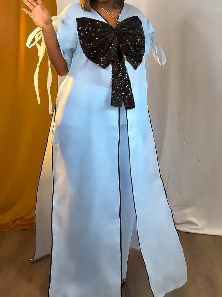 Black Bow Sequin And Wide Leg Pant Set