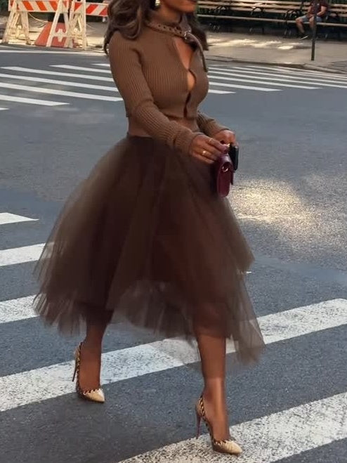 Skinny Knitted Cardigan + Elasticated-waistband Tulle Skirt