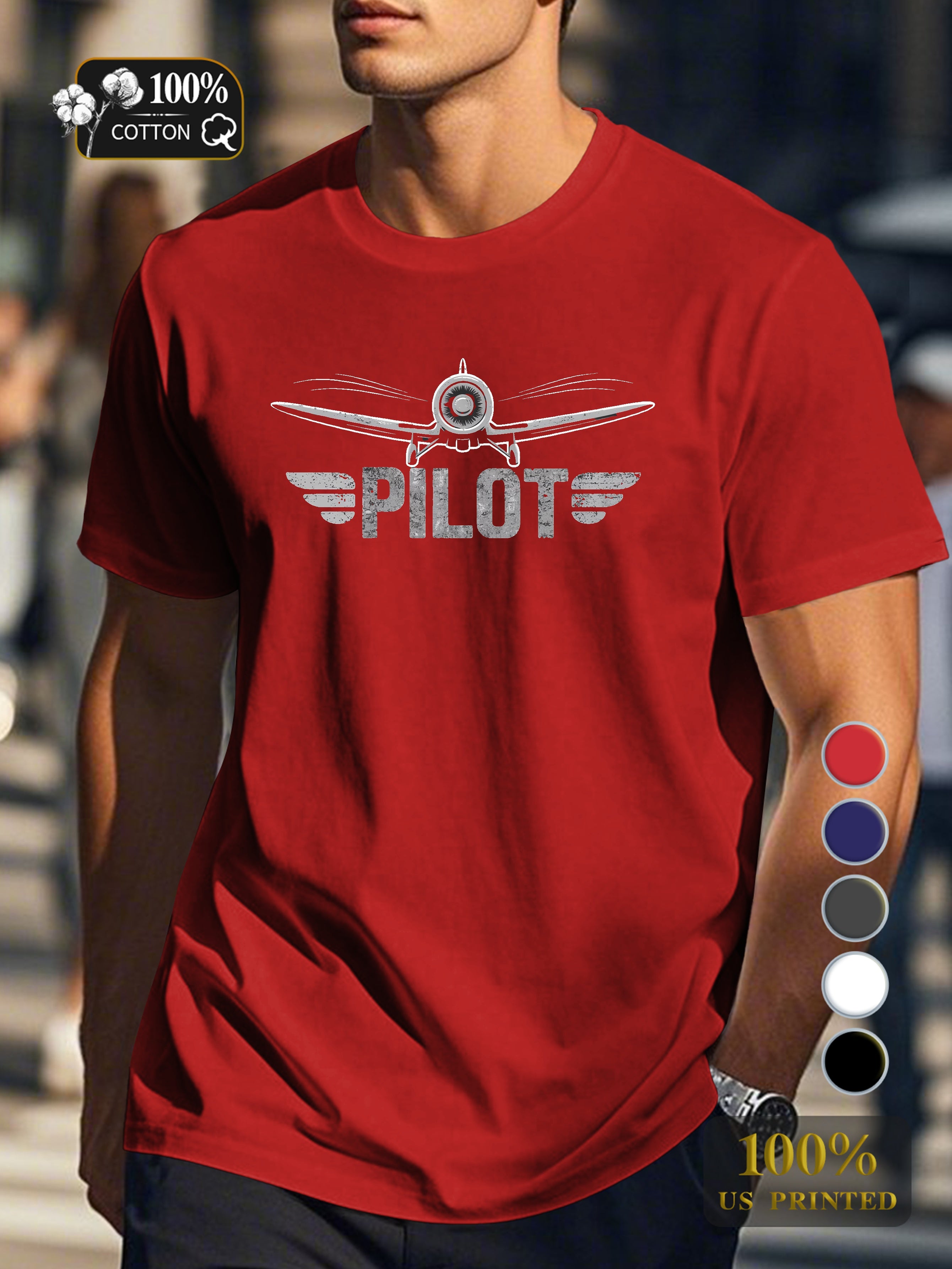 vintage airplane with PILOT Men's pure cotton Tshirt Comfort Fit