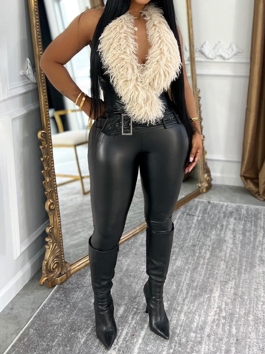 Faux Fur Patchwork PU Backless Jumpsuit