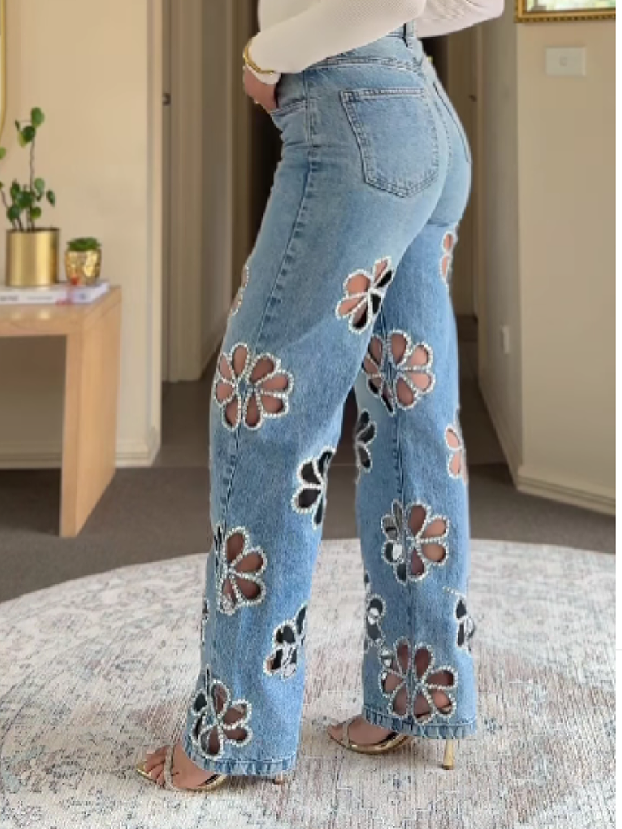 Ripped Rhinestone-modified Jeans