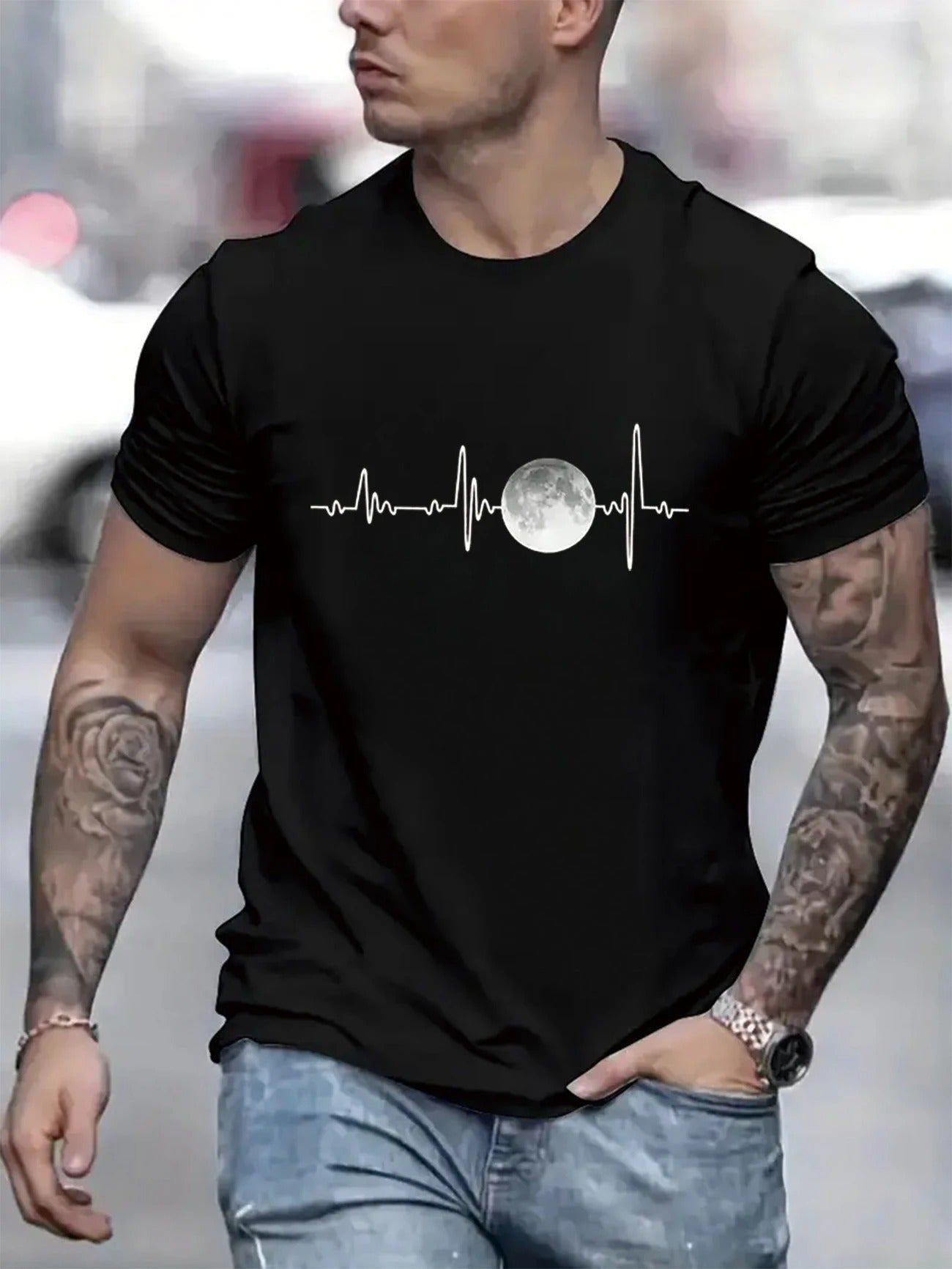 Moon Line Shape Men's pure cotton Tshirt Comfort Fit