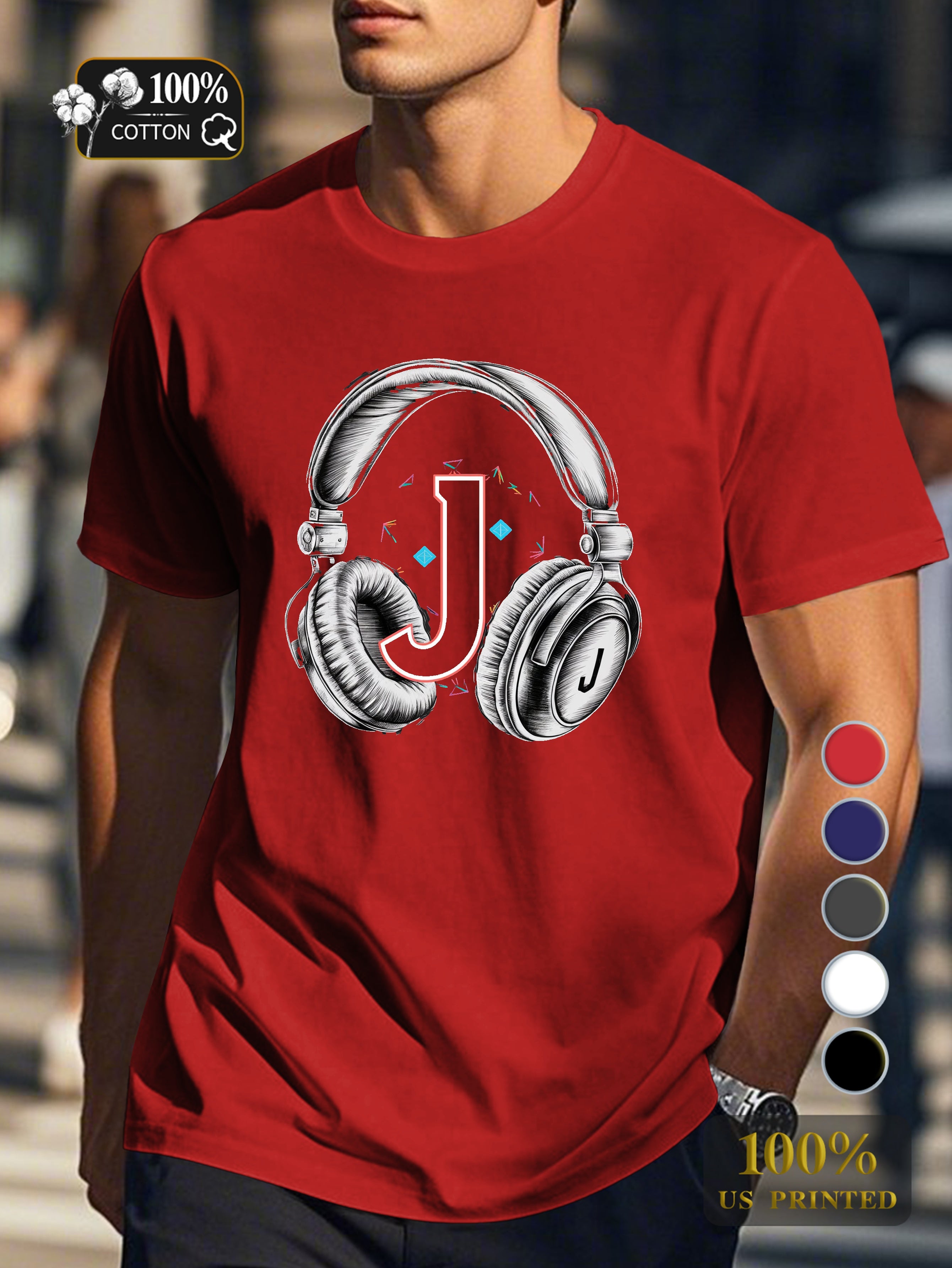 vintage headphones and letter J Men's pure cotton Tshirt Comfort Fit