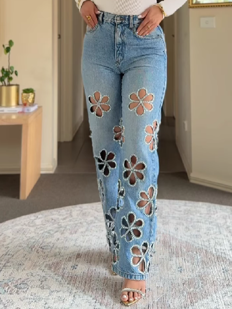 Ripped Rhinestone-modified Jeans