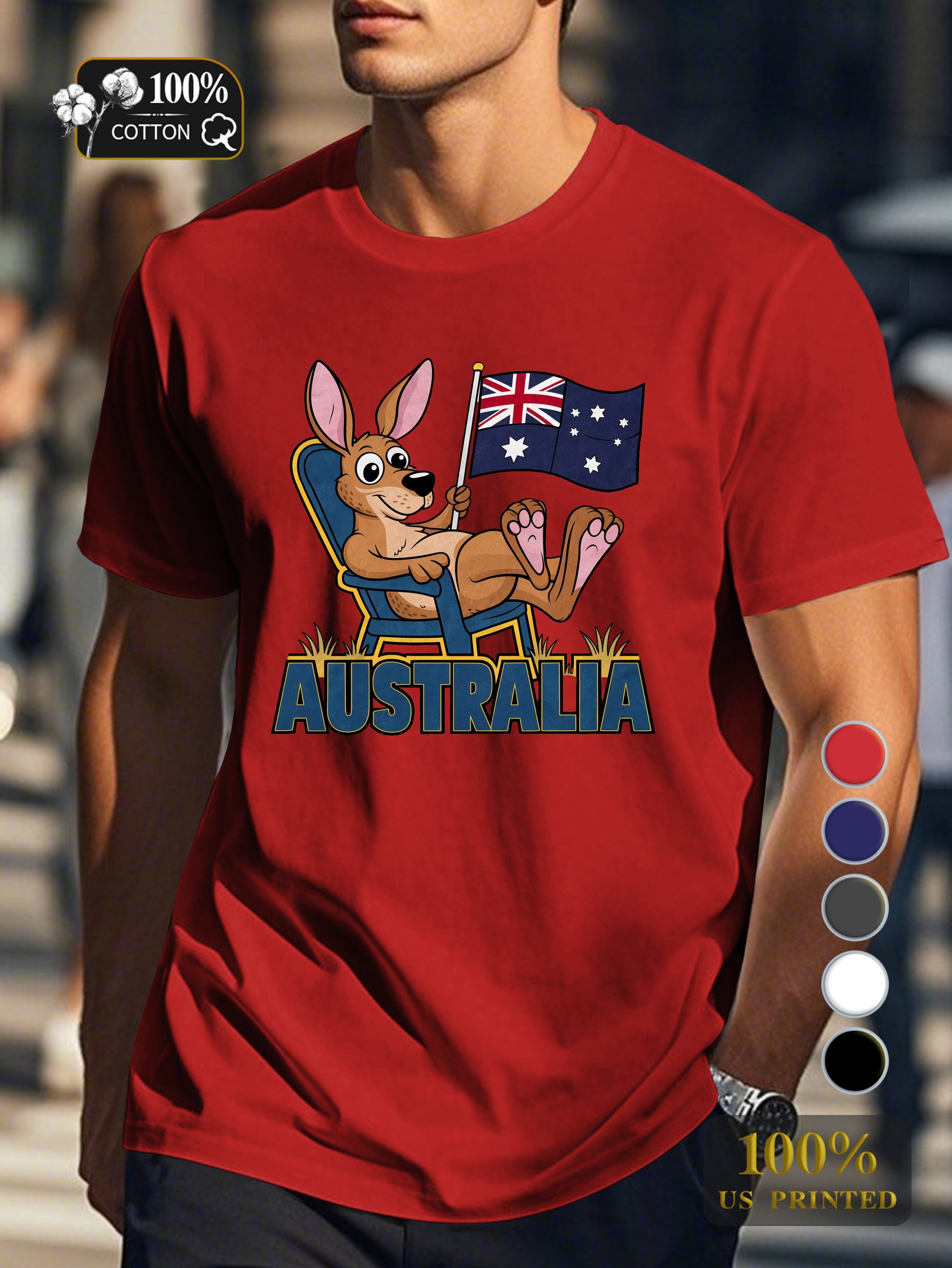 Cartoon kangaroo with flag Men's pure cotton Tshirt Comfort Fit