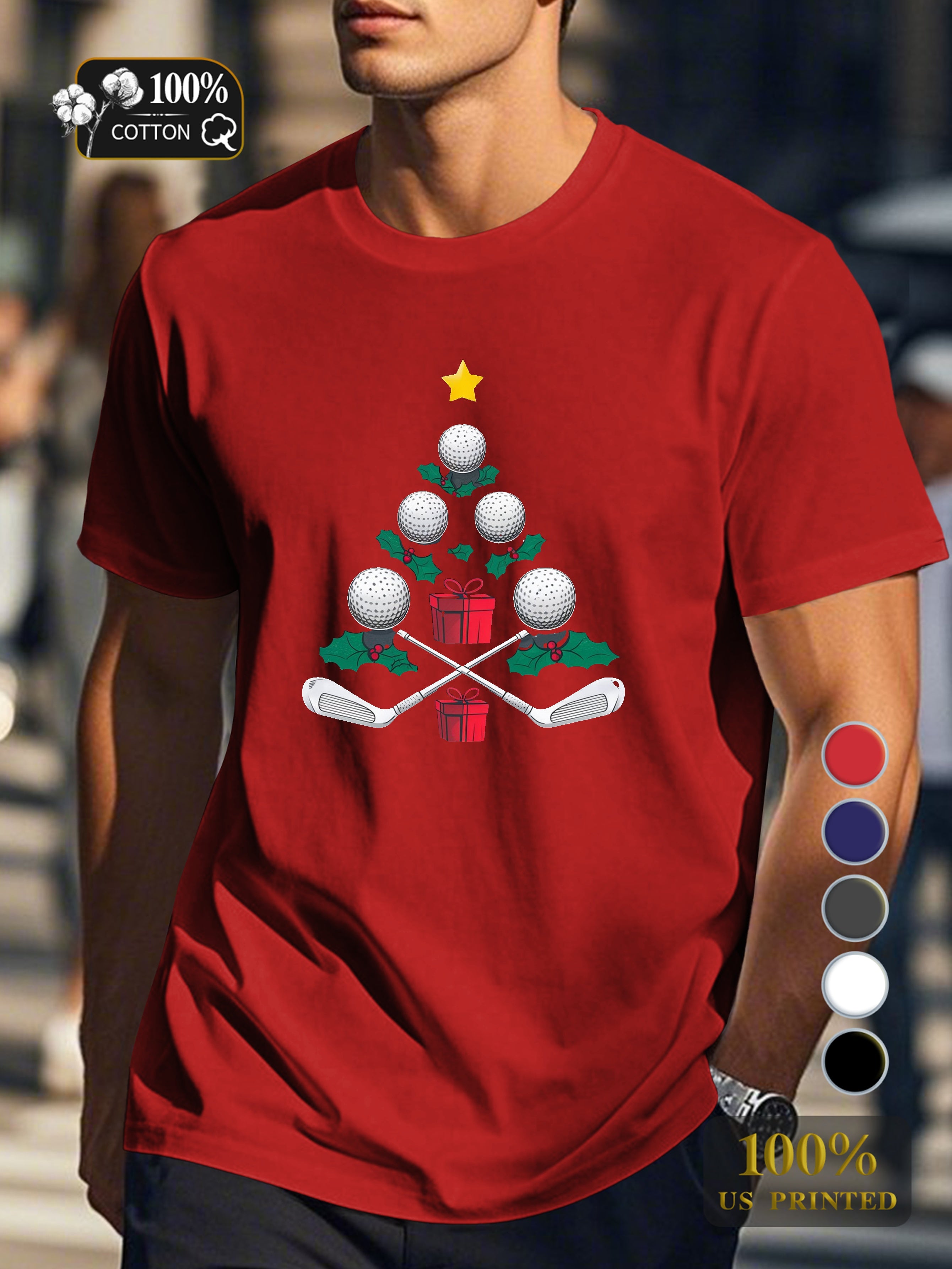 golf themed Christmas tree Men's pure cotton Tshirt Comfort Fit