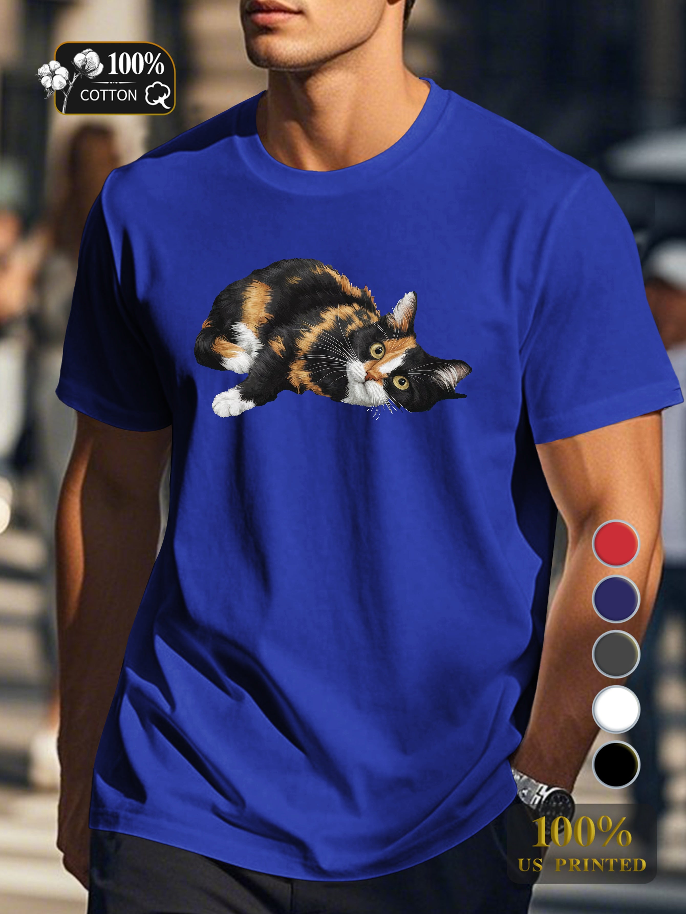 calico cat illustration Men's pure cotton Tshirt Comfort Fit
