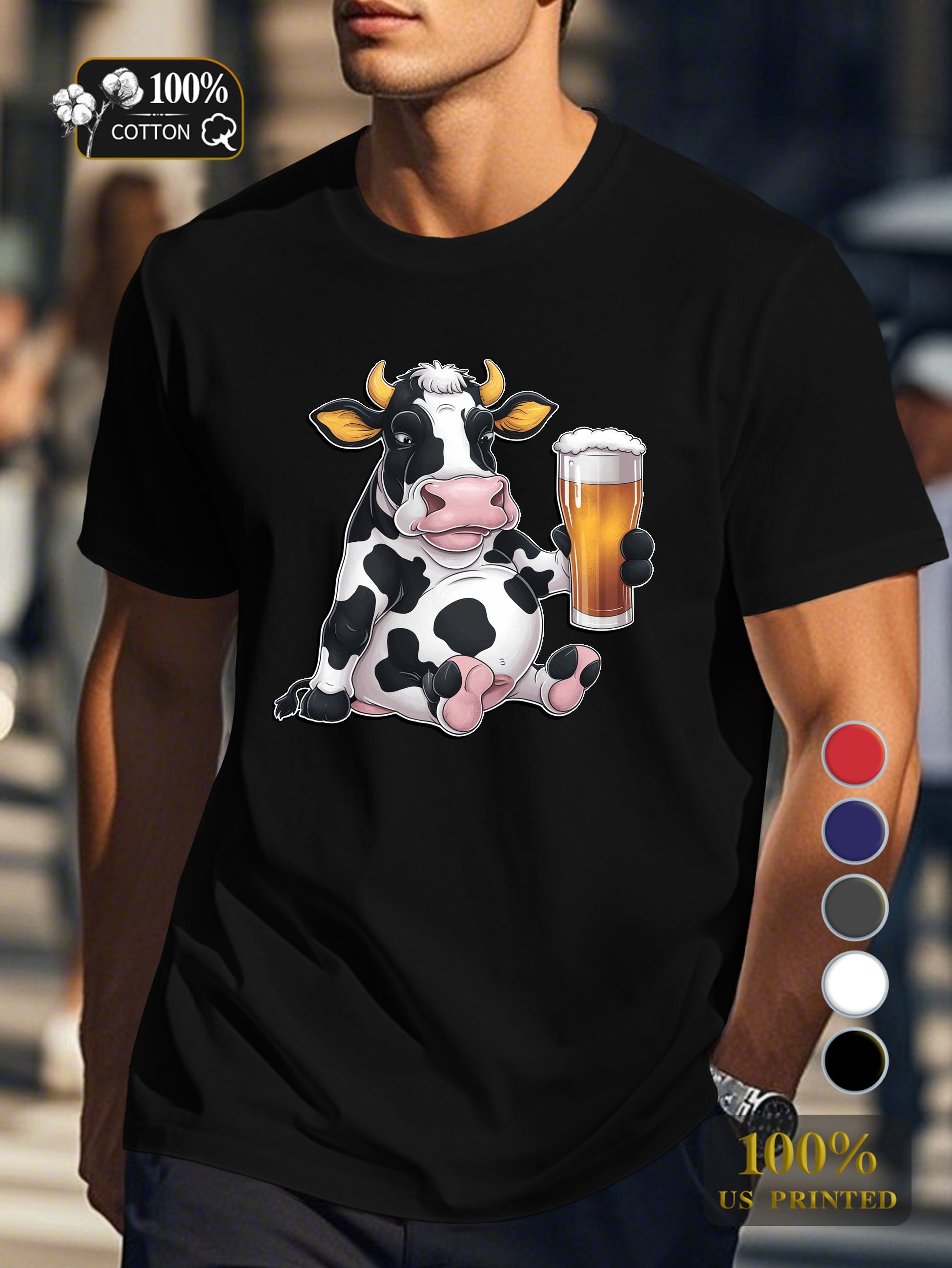 anthropomorphic Holstein cow with beer Men's pure cotton Tshirt Comfort Fit