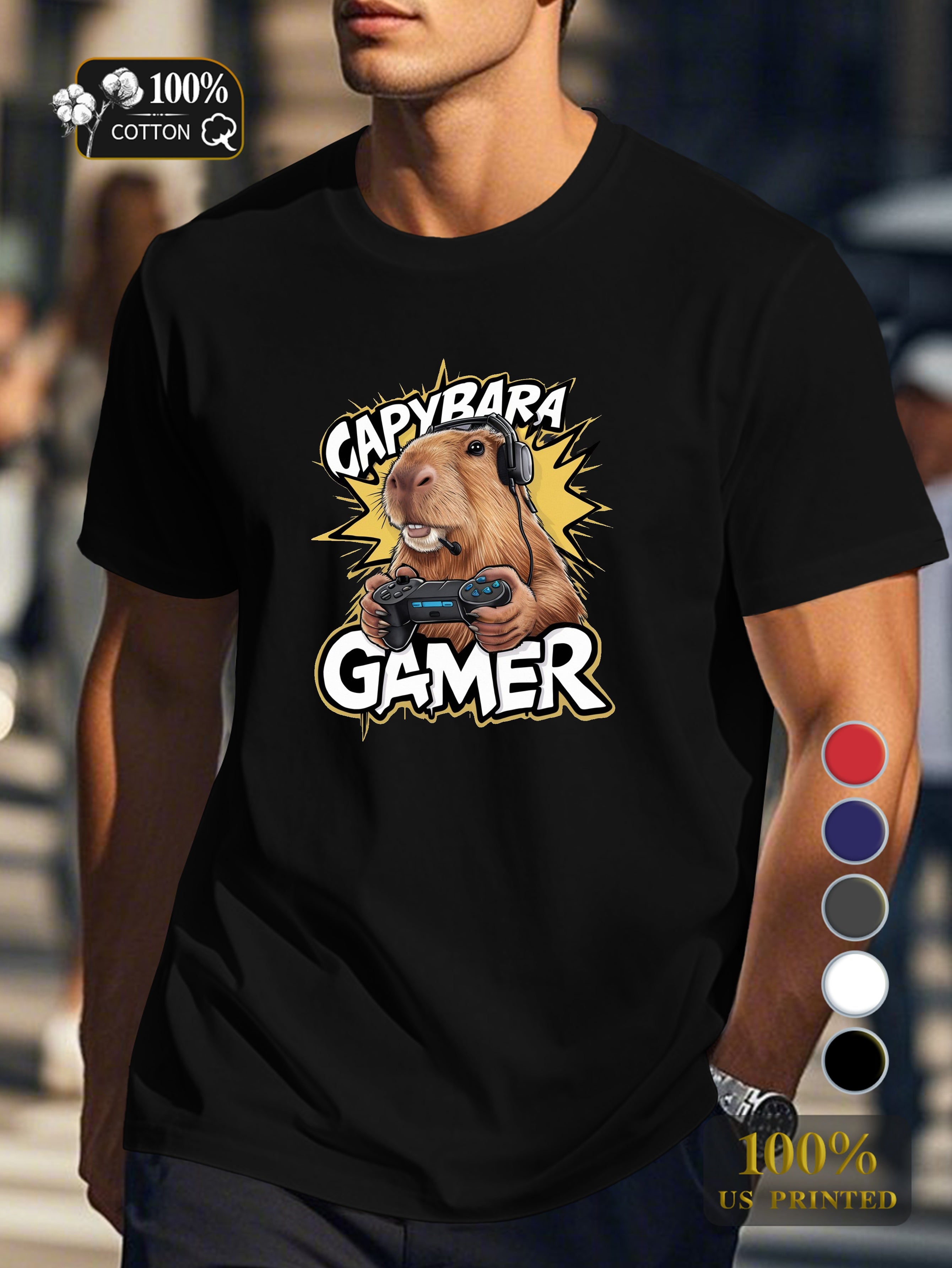 capybara gaming illustration Men's pure cotton Tshirt Comfort Fit
