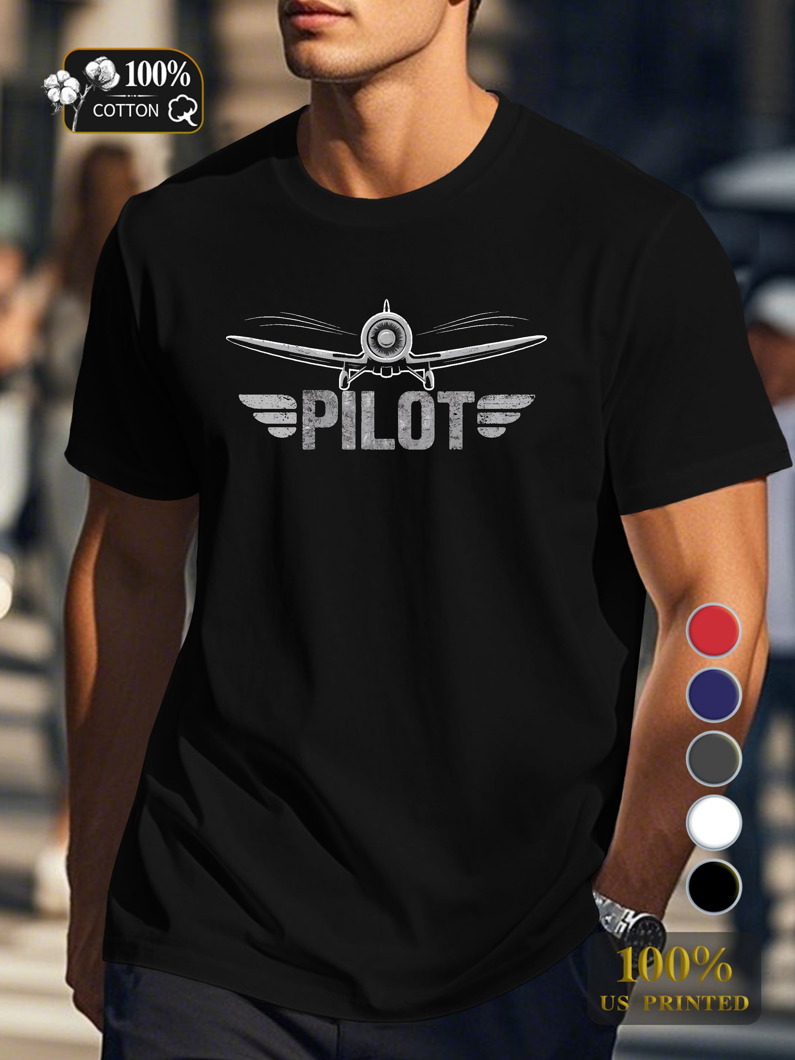 vintage airplane with PILOT Men's pure cotton Tshirt Comfort Fit