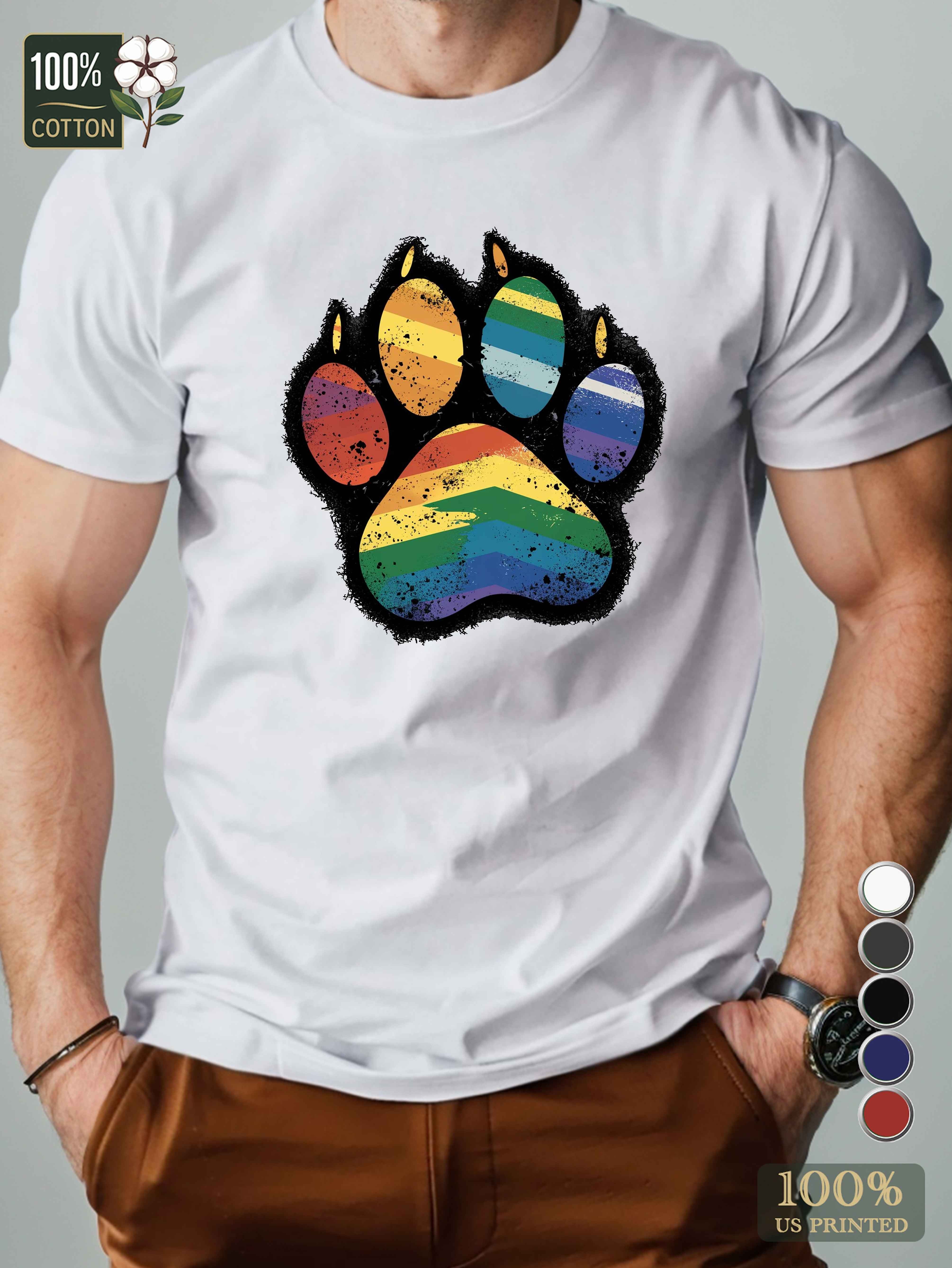 rainbow colored paw print design Men's pure cotton Tshirt Comfort Fit