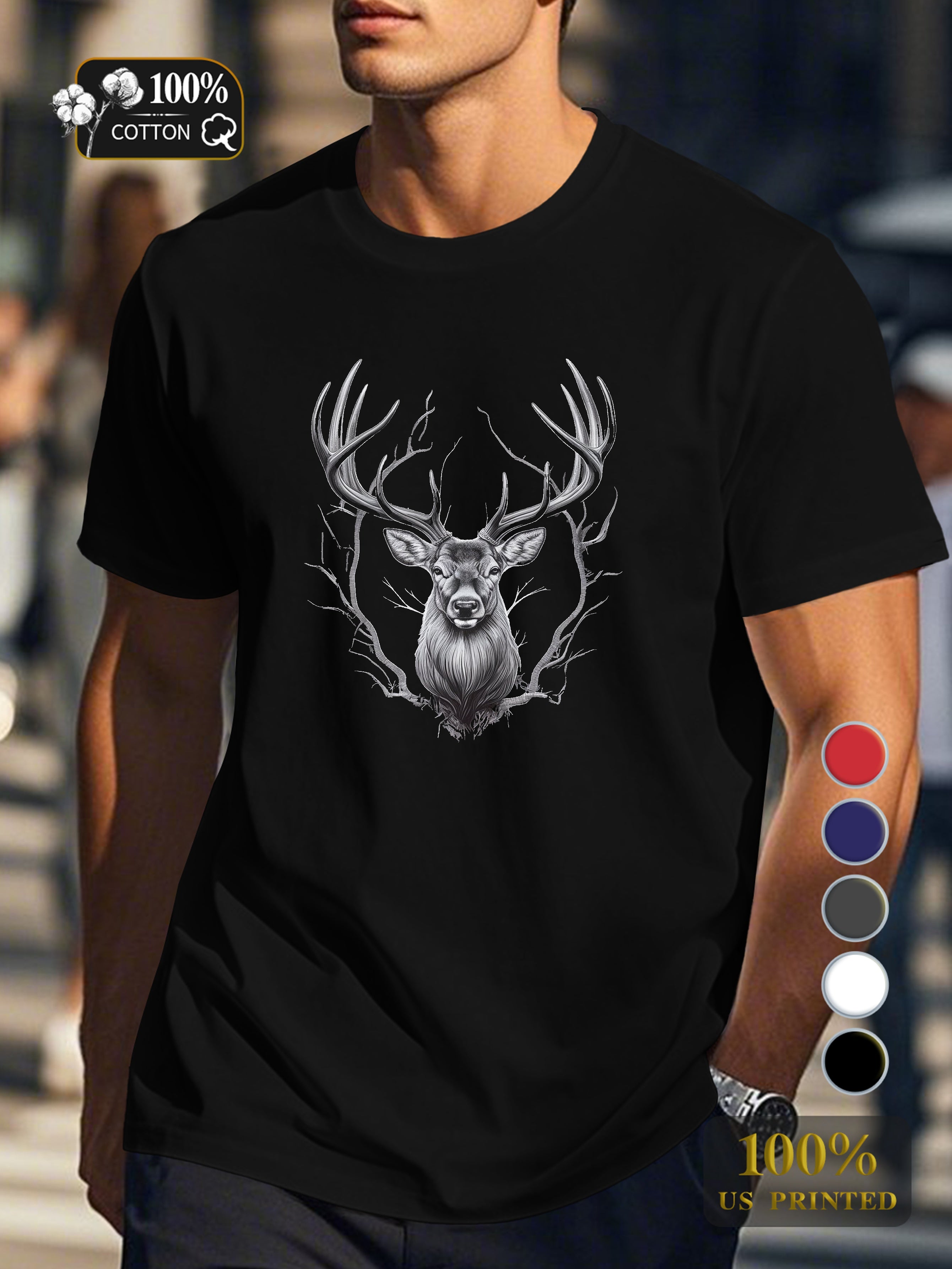 Majestic deer head illustration Men's pure cotton Tshirt Comfort Fit
