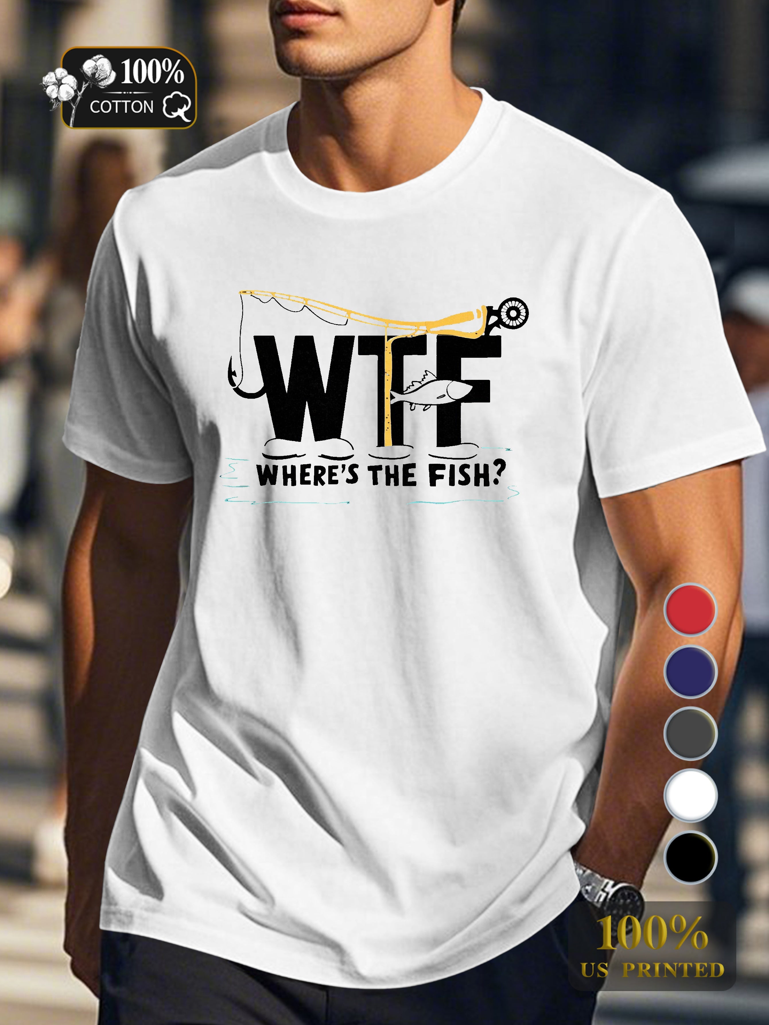 WTF fishing themed illustration Men's pure cotton Tshirt Comfort Fit