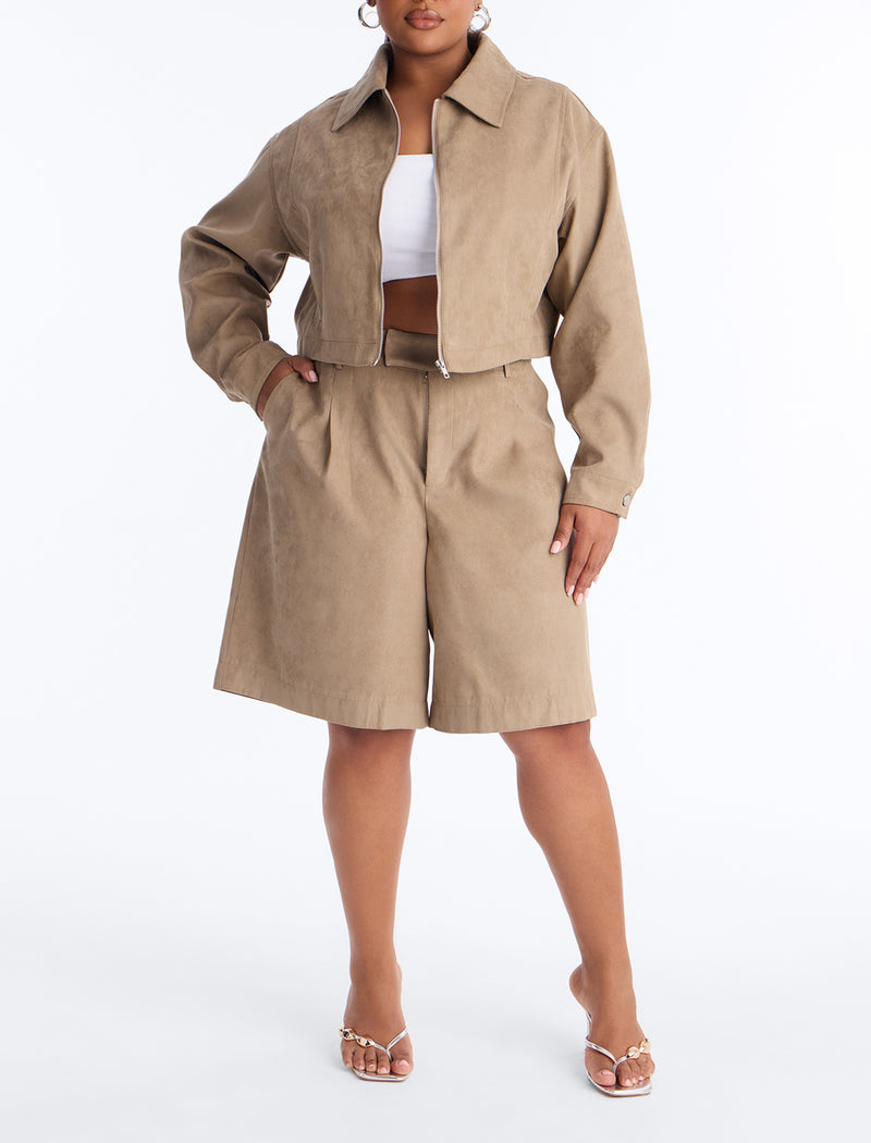Faux Suede Bermuda Two Piece Outfit