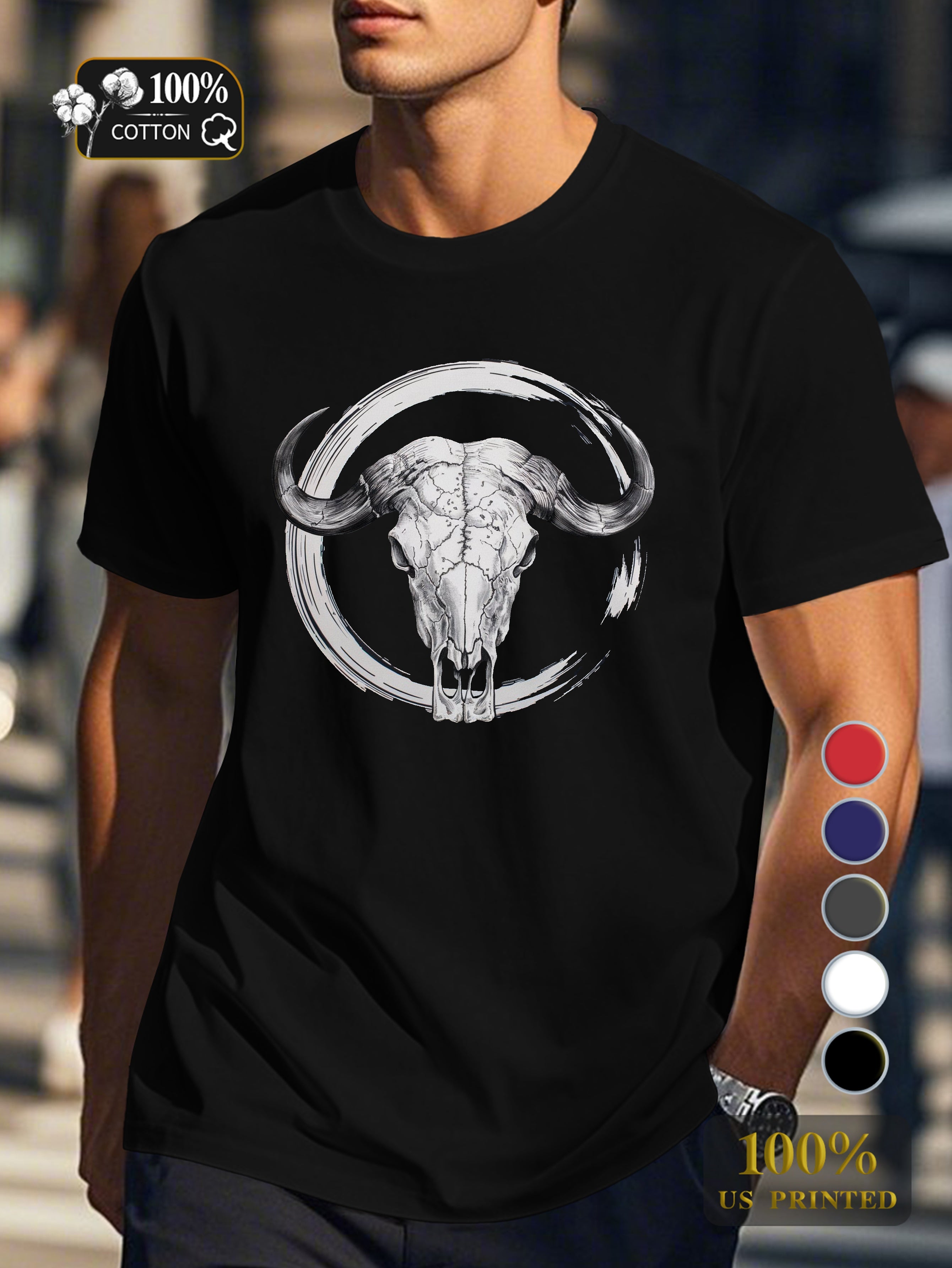artistic representation of a buffalo skull Men's pure cotton Tshirt Comfort Fit