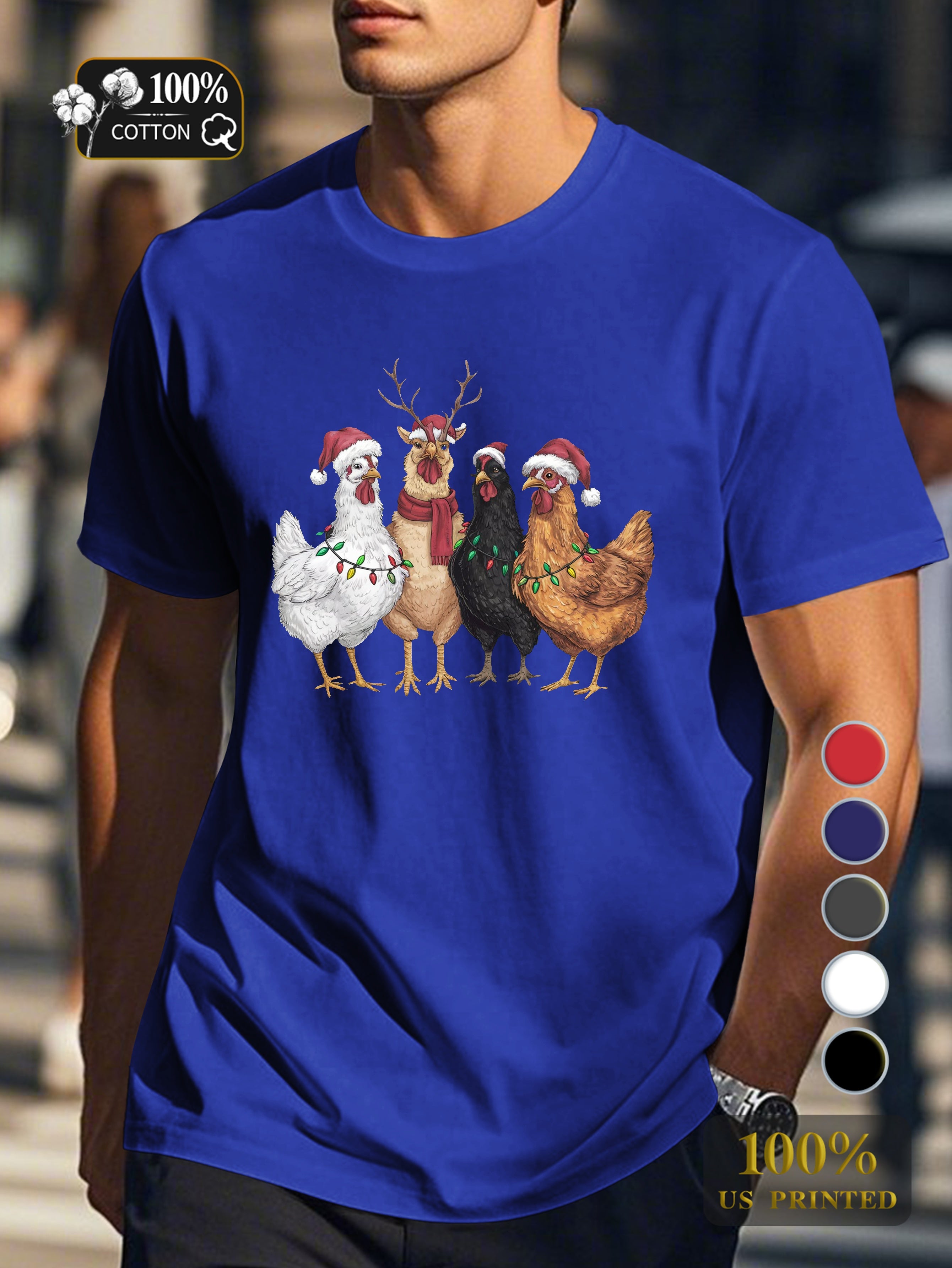 Festive chickens with Christmas lights Men's pure cotton Tshirt Comfort Fit