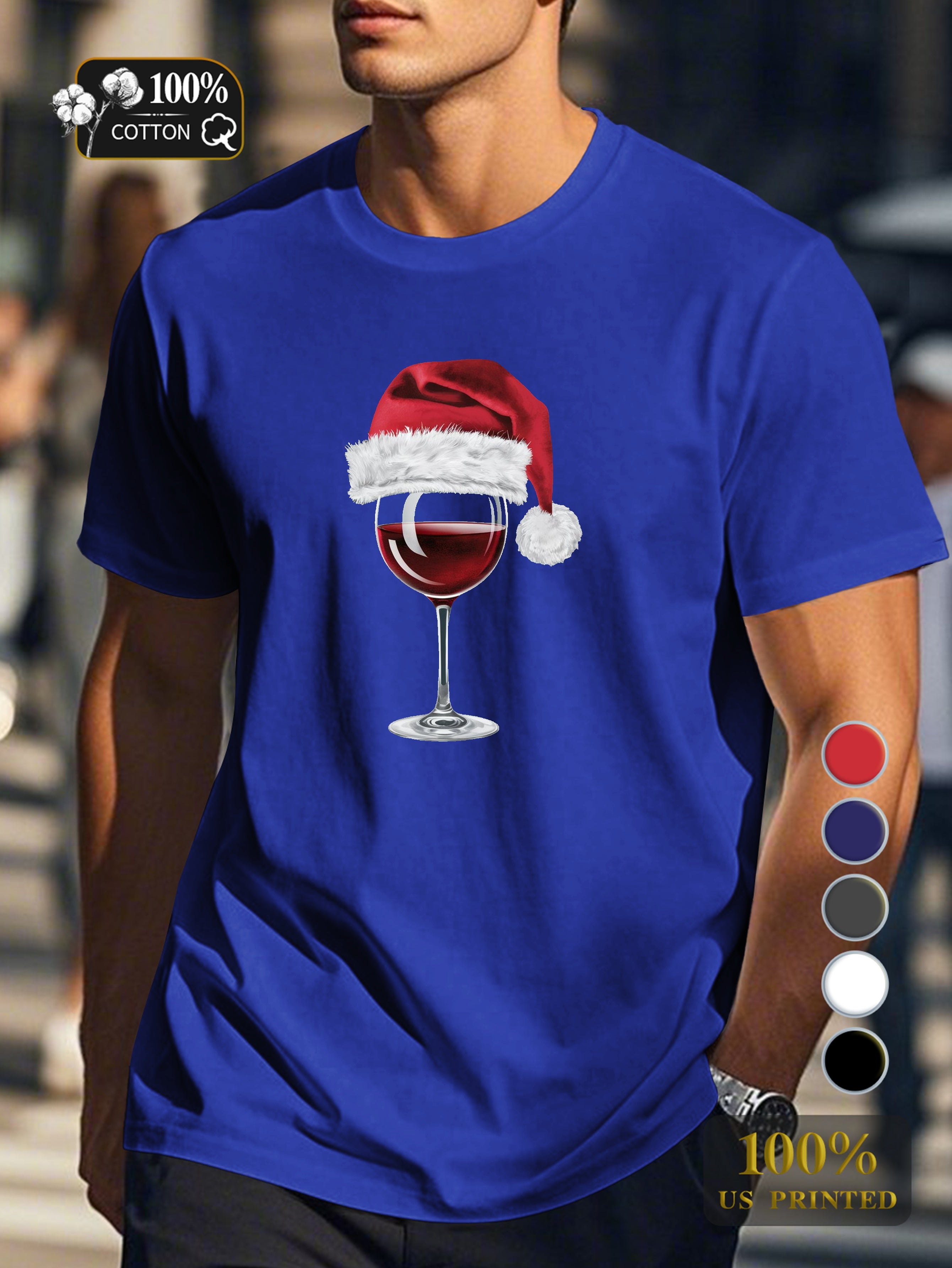 Santa hat on wine glass Men's pure cotton Tshirt Comfort Fit