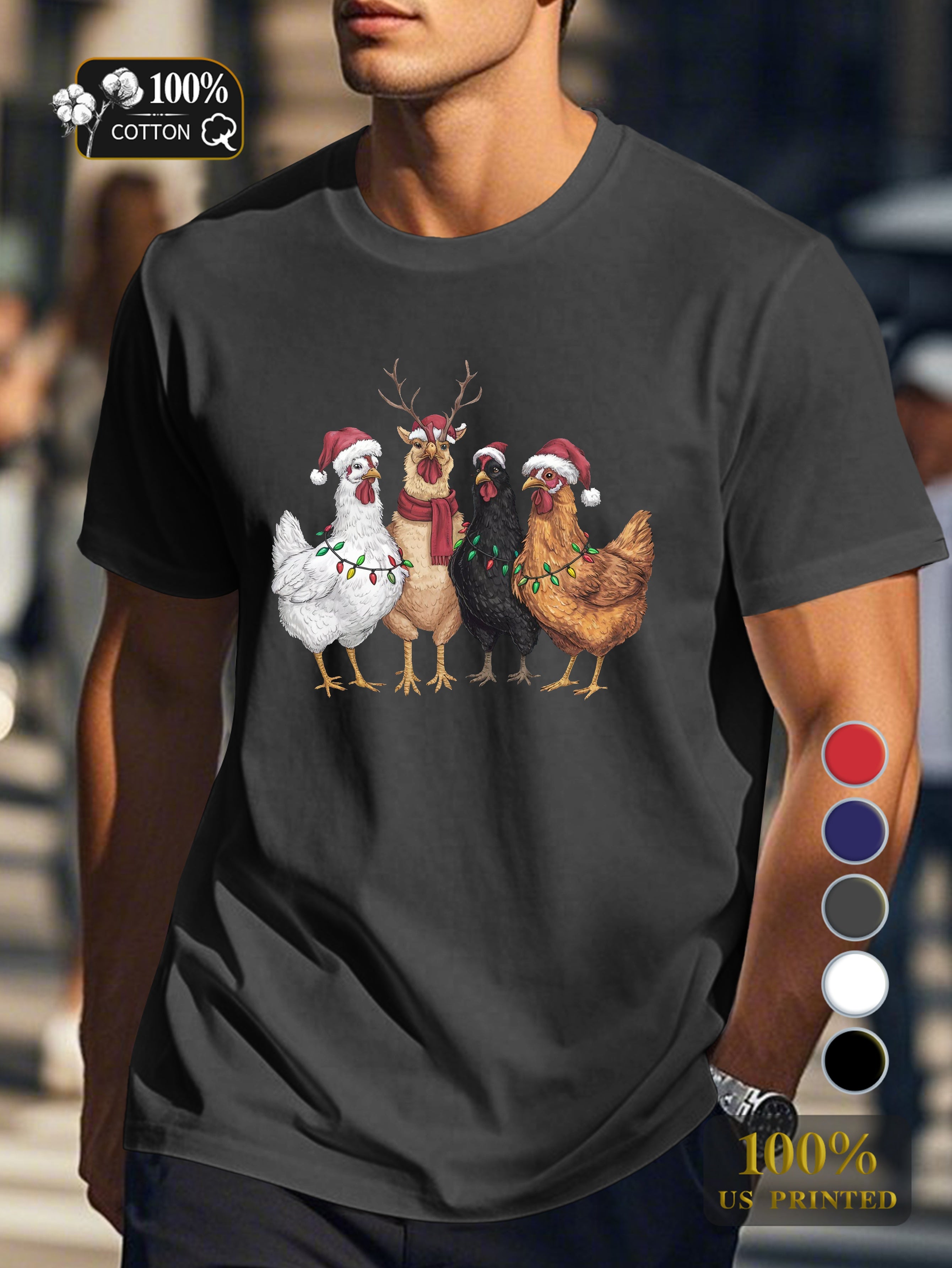 Festive chickens with Christmas lights Men's pure cotton Tshirt Comfort Fit