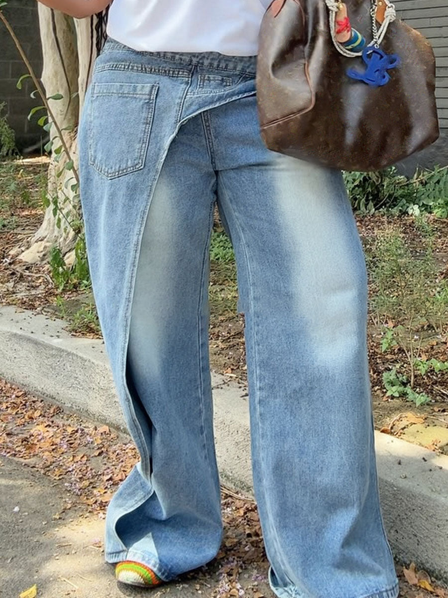 Criss-cross Front Waistband Denim Straight Pants