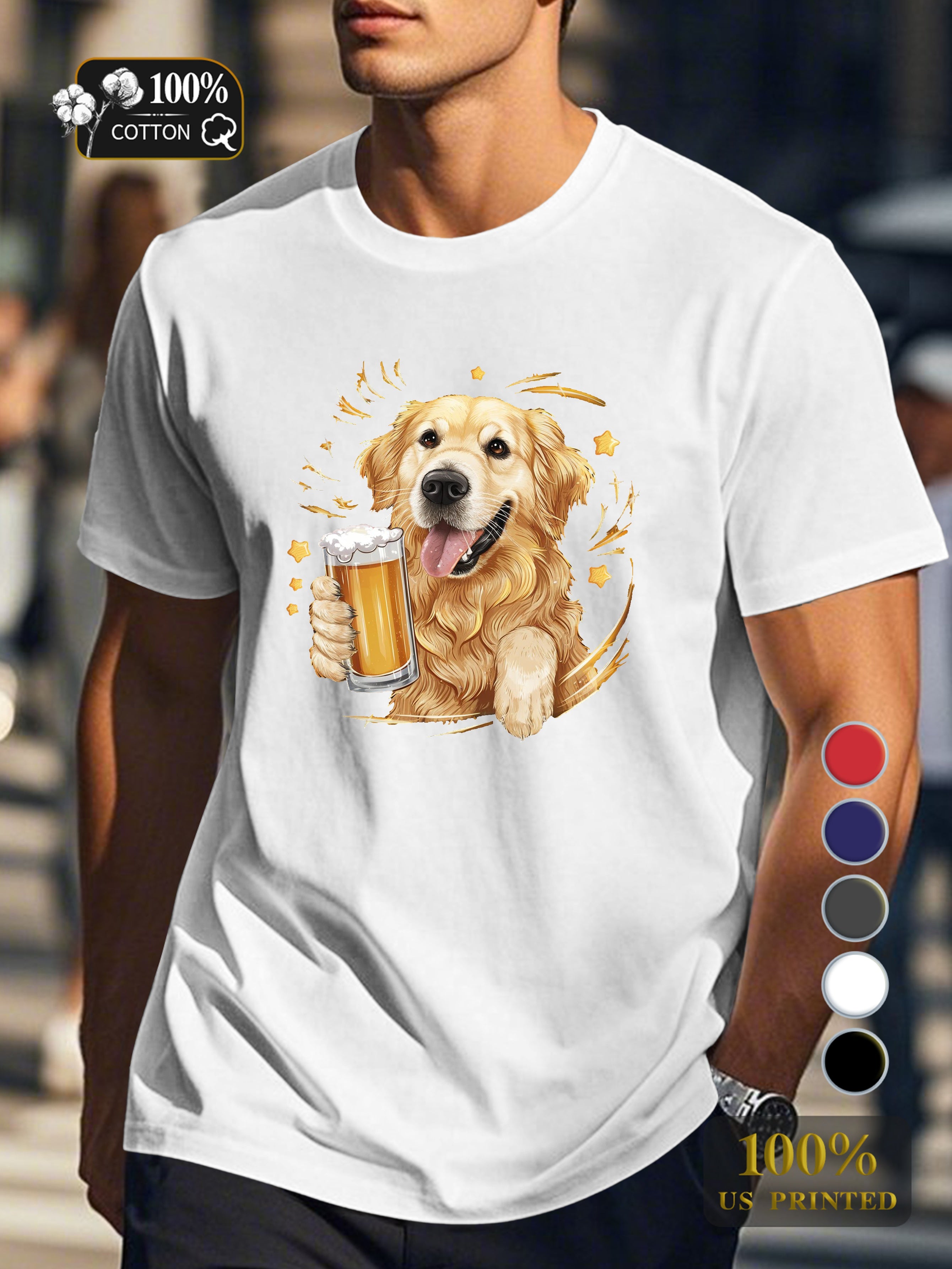 Golden retriever with beer Men's pure cotton Tshirt Comfort Fit