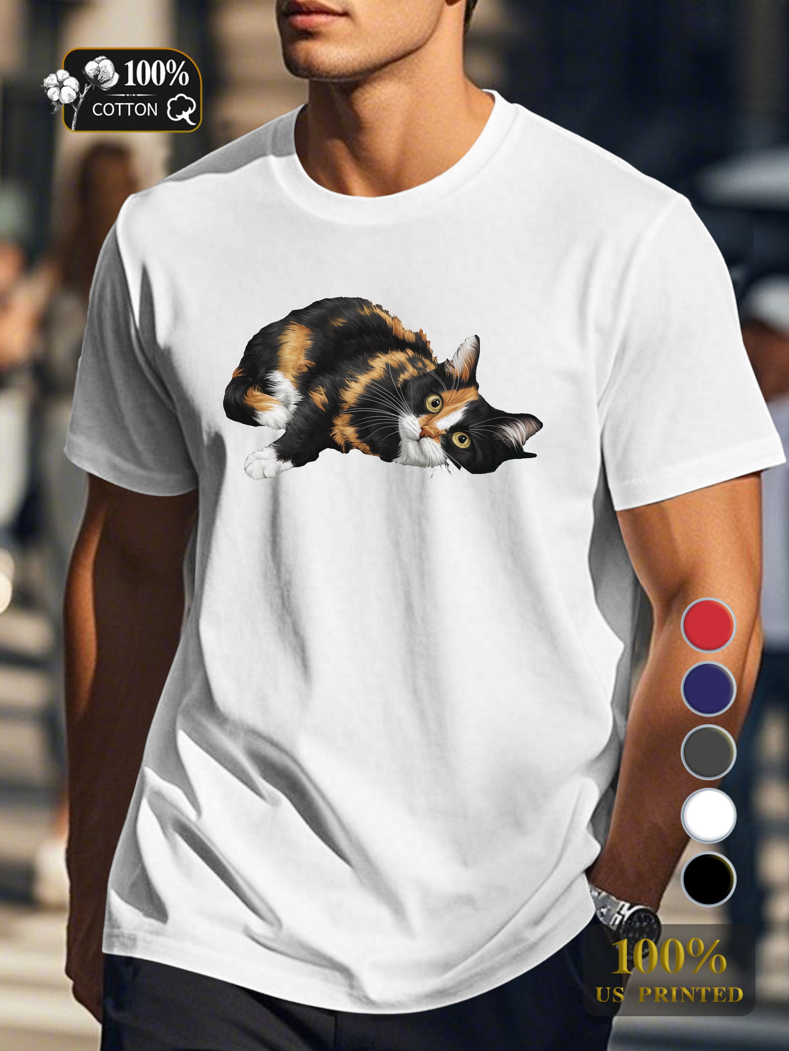 calico cat illustration Men's pure cotton Tshirt Comfort Fit