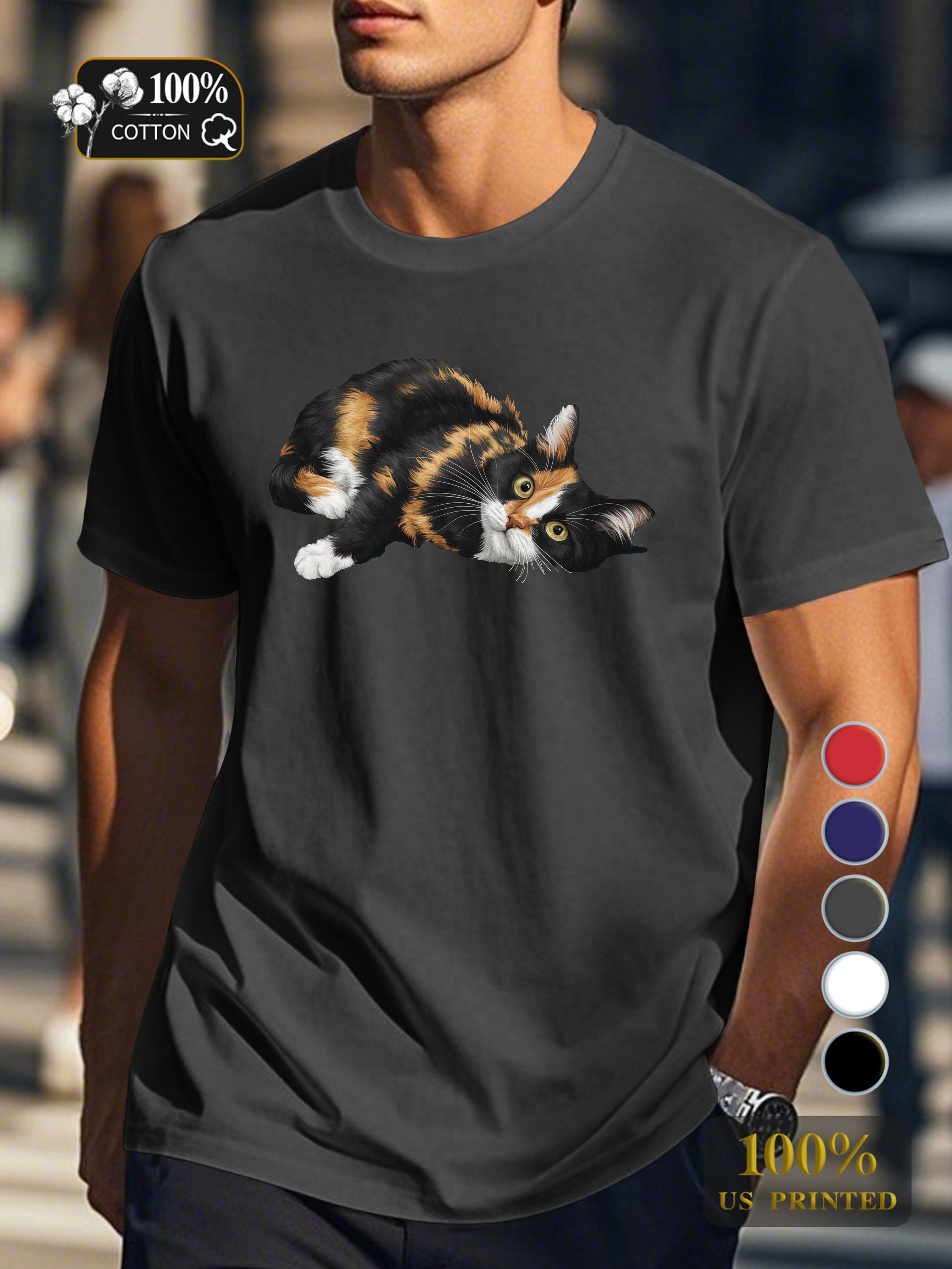 calico cat illustration Men's pure cotton Tshirt Comfort Fit