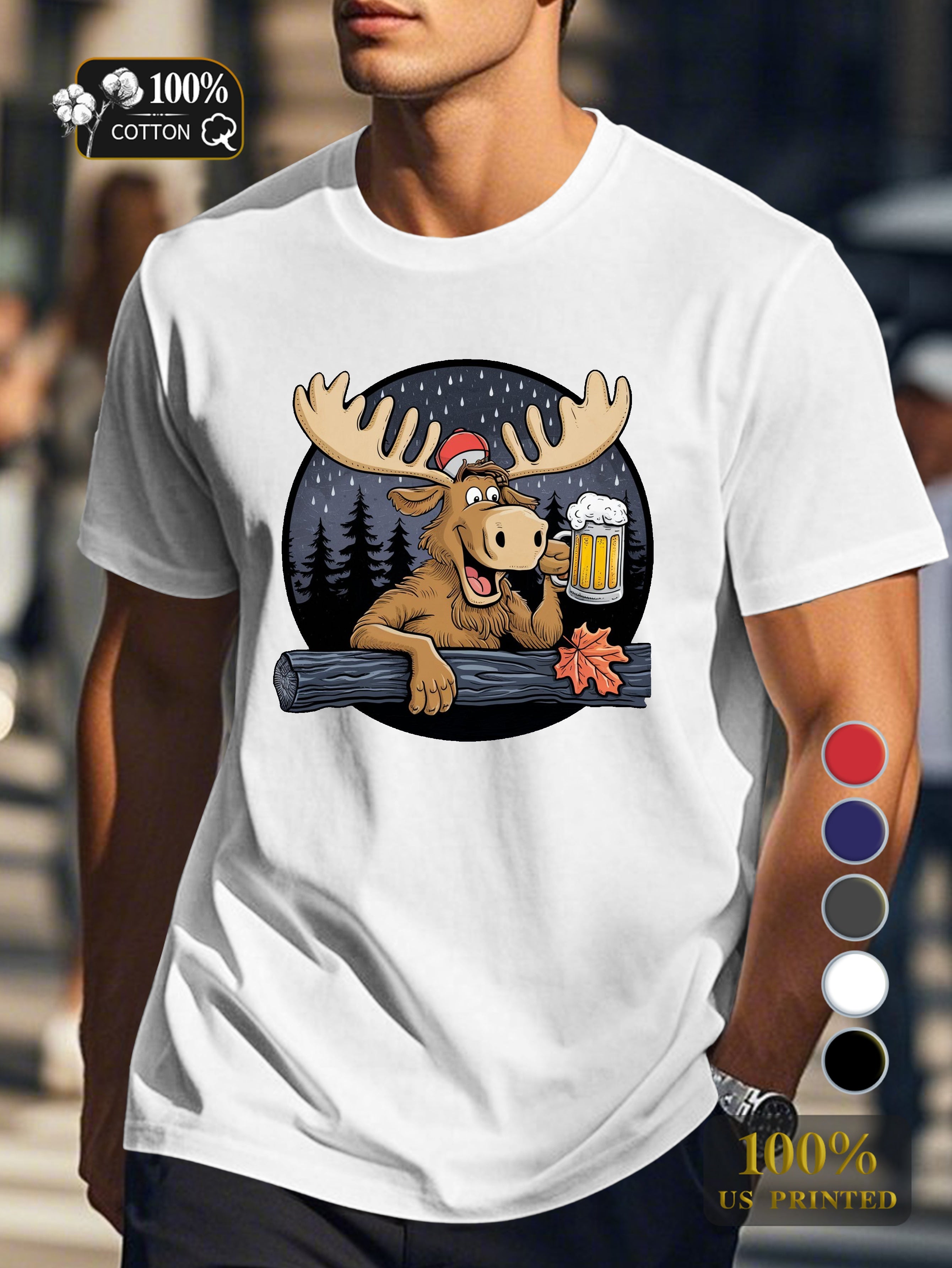cheerful moose with beer Men's pure cotton Tshirt Comfort Fit