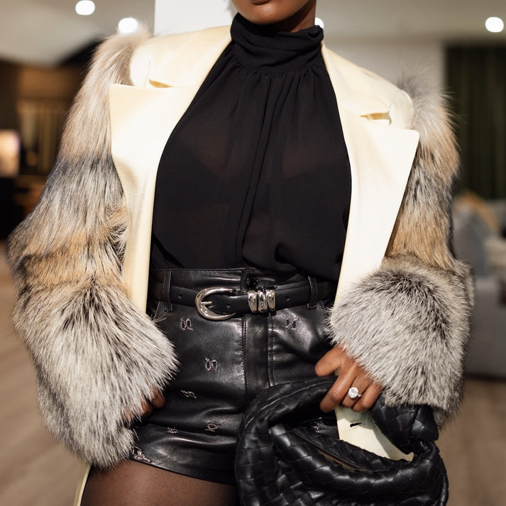 Plush-Sleeve Leather Coat