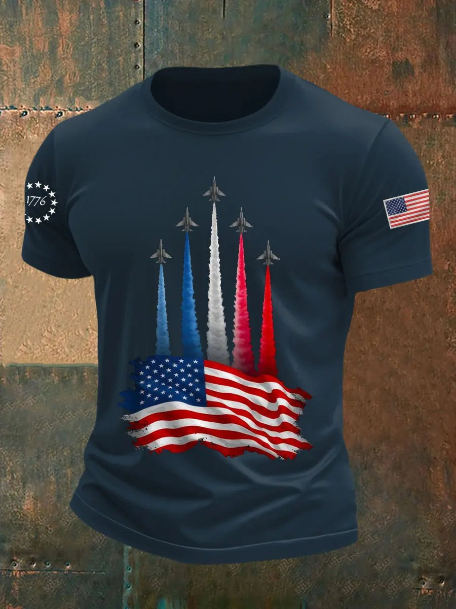 Men's Independence Day American Flag Jet Planes Print Casual Tee