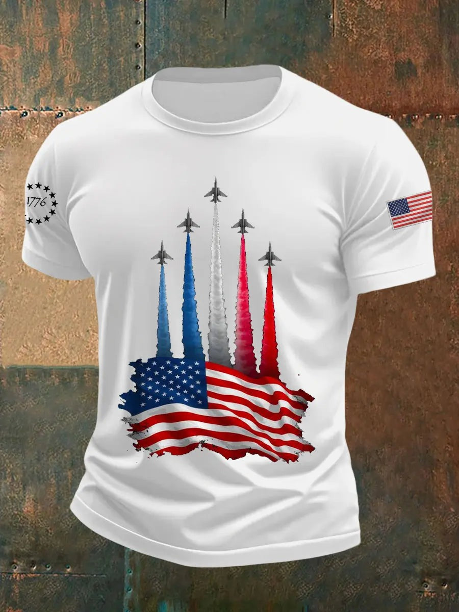 Men's Independence Day American Flag Jet Planes Print Casual Tee