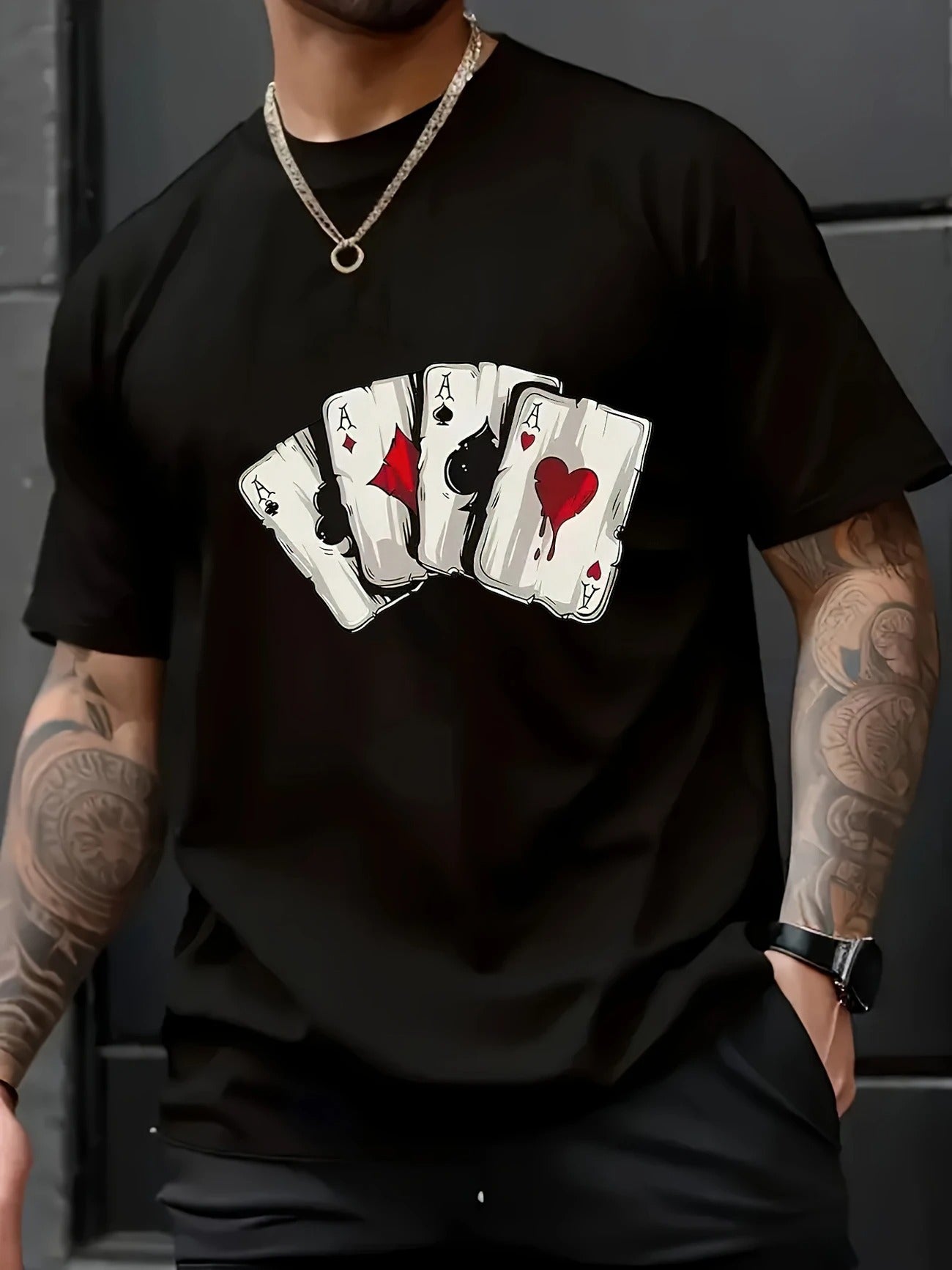 Casual Cotton With Playing Card Print T-Shirt
