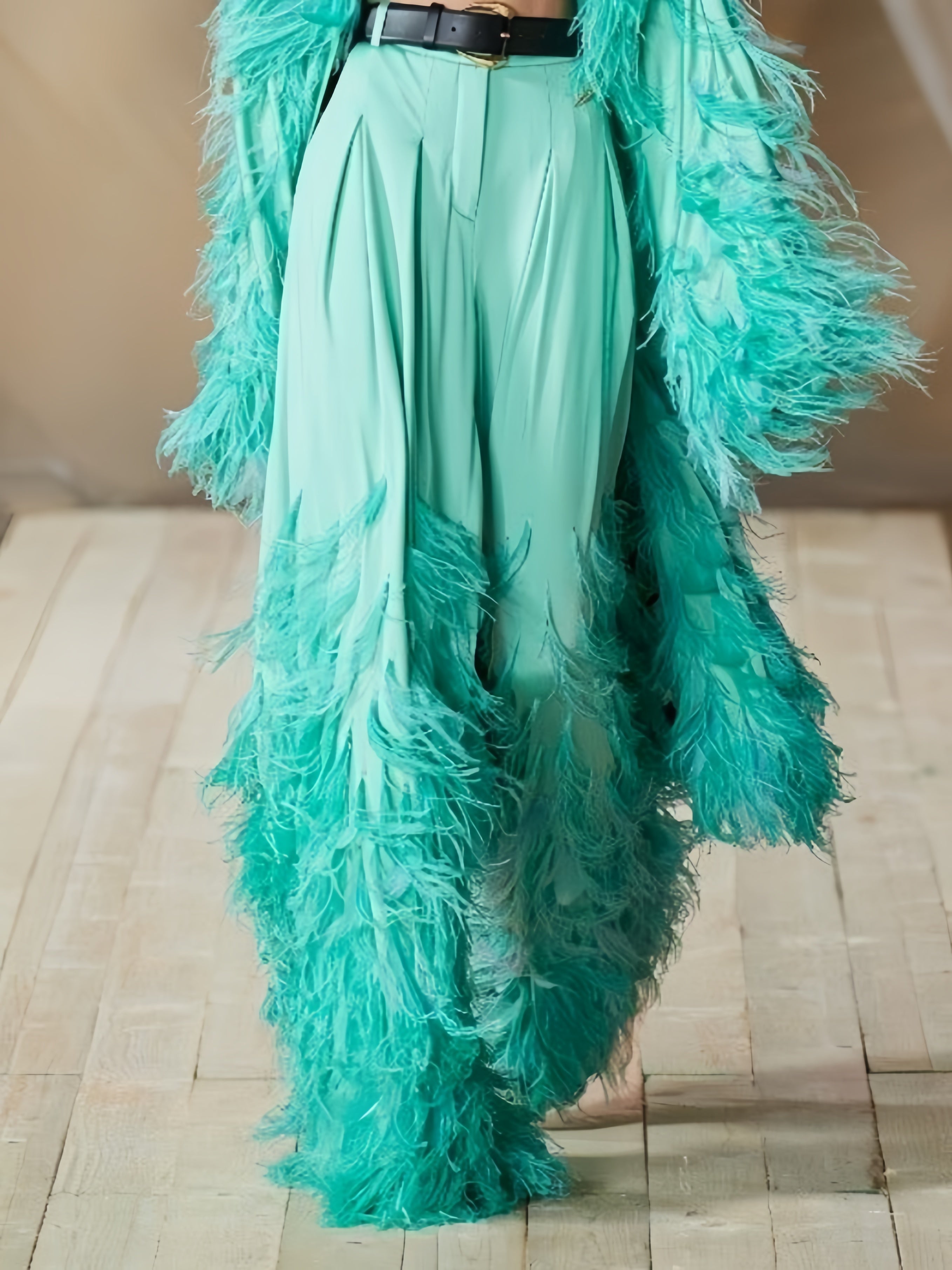 Turquoise Feathered Coat Set