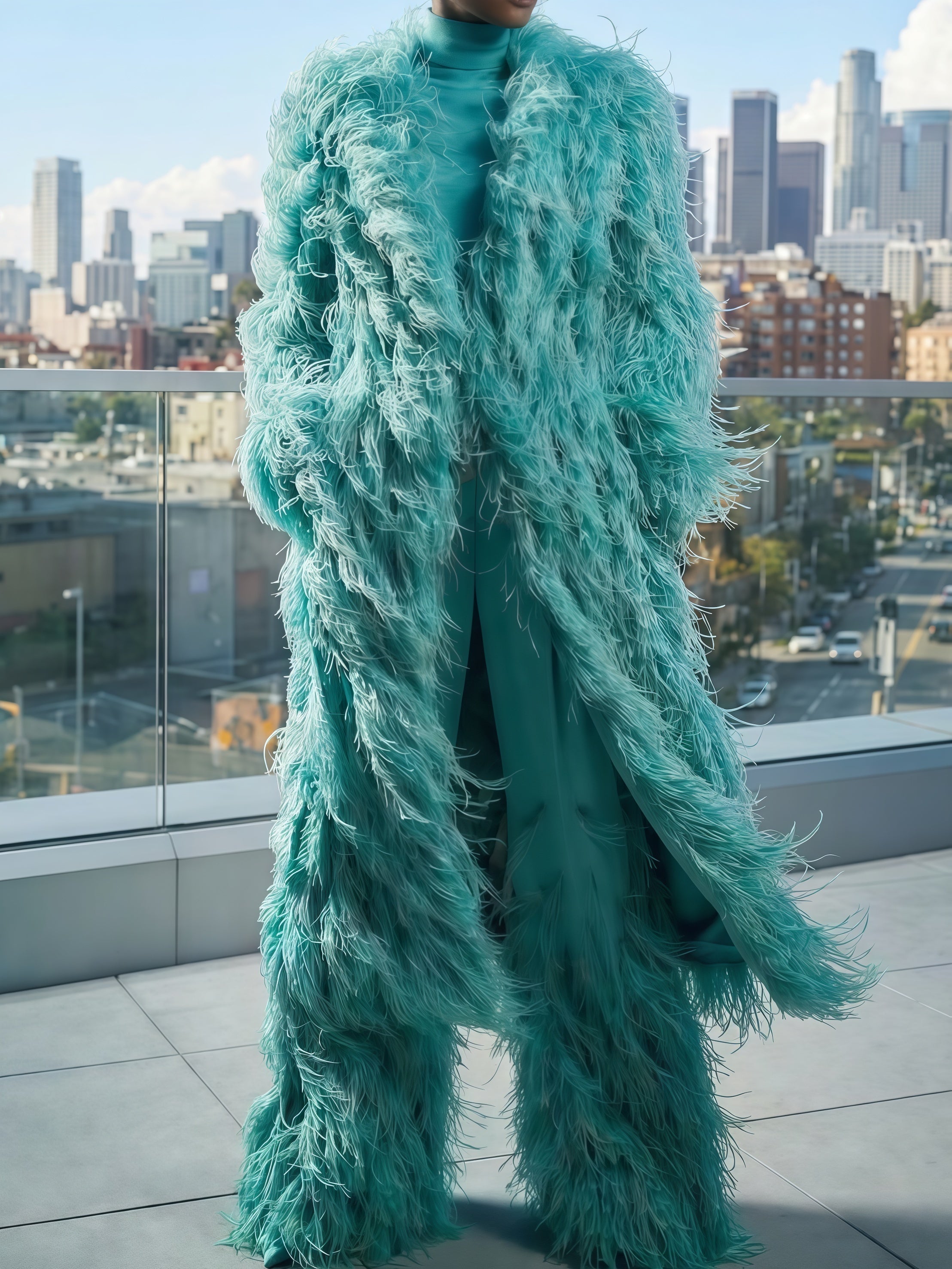 Turquoise Feathered Coat Set