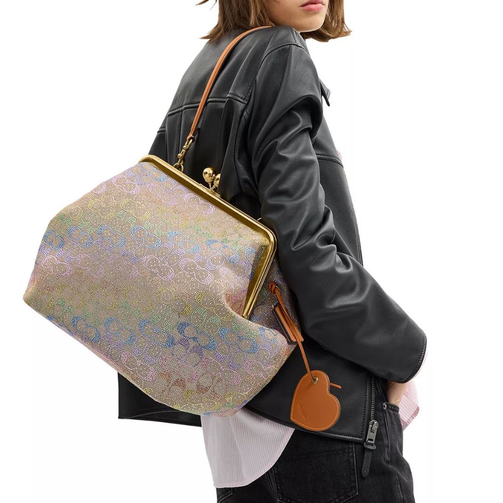 Kisslock Large Crystal Signature Jacquard Frame Bag