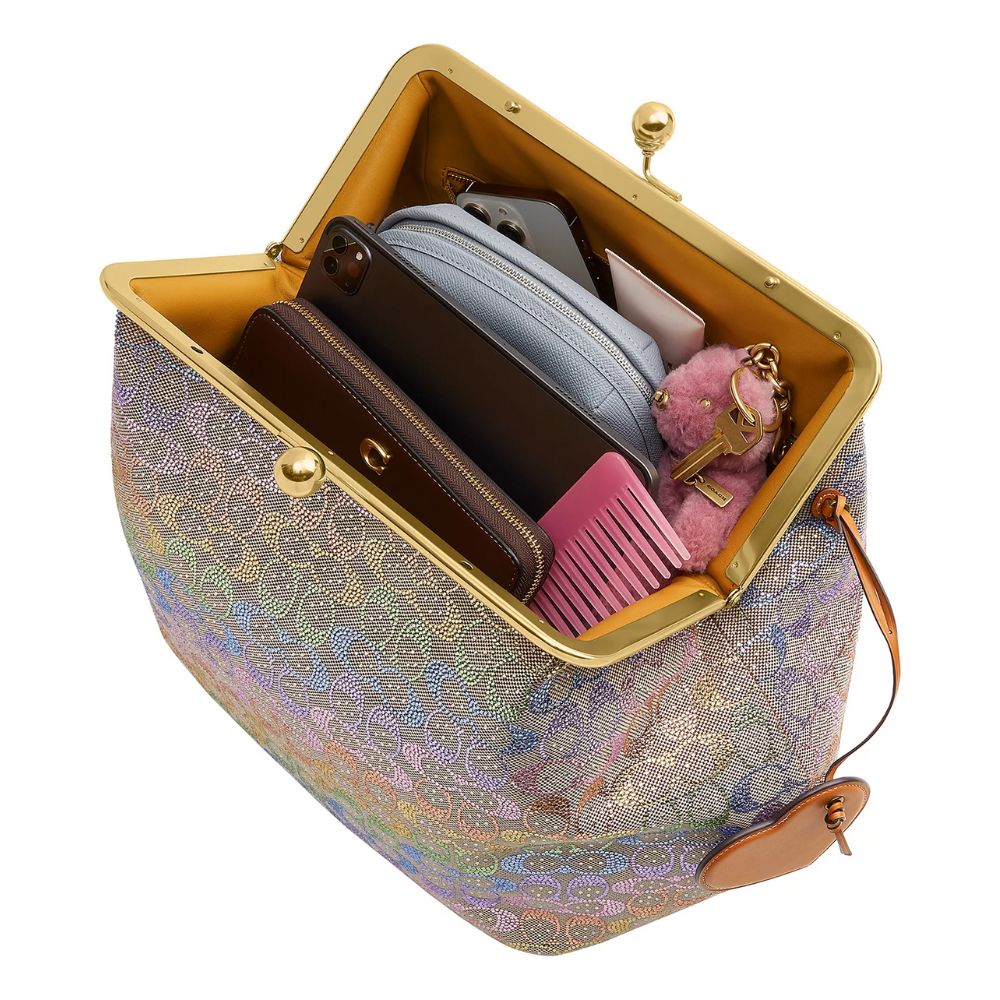 Kisslock Large Crystal Signature Jacquard Frame Bag