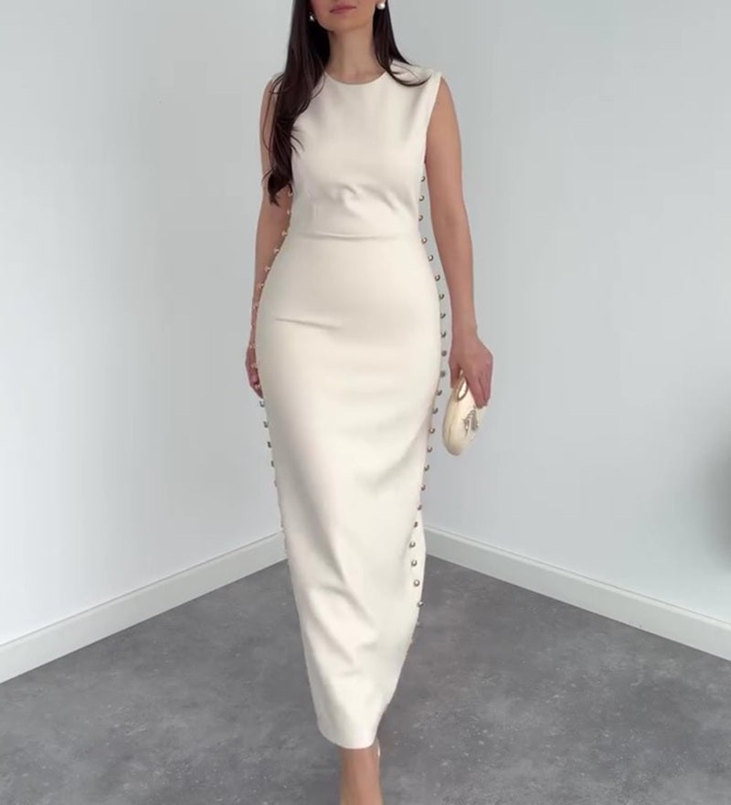 Cream Studded Sleeveless Bodycon Maxi Dress