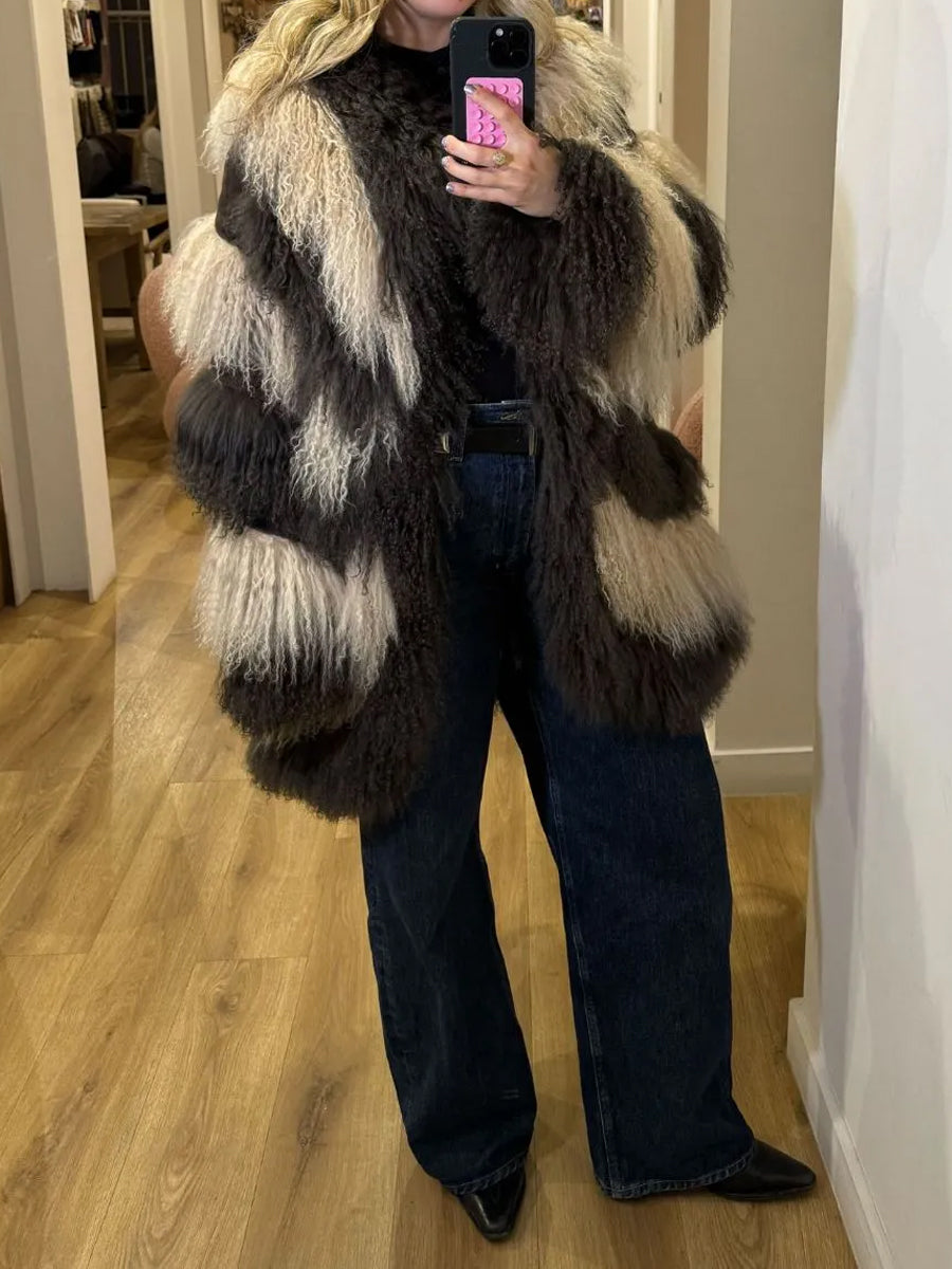 Fashion Color Block Faux Fur Coat
