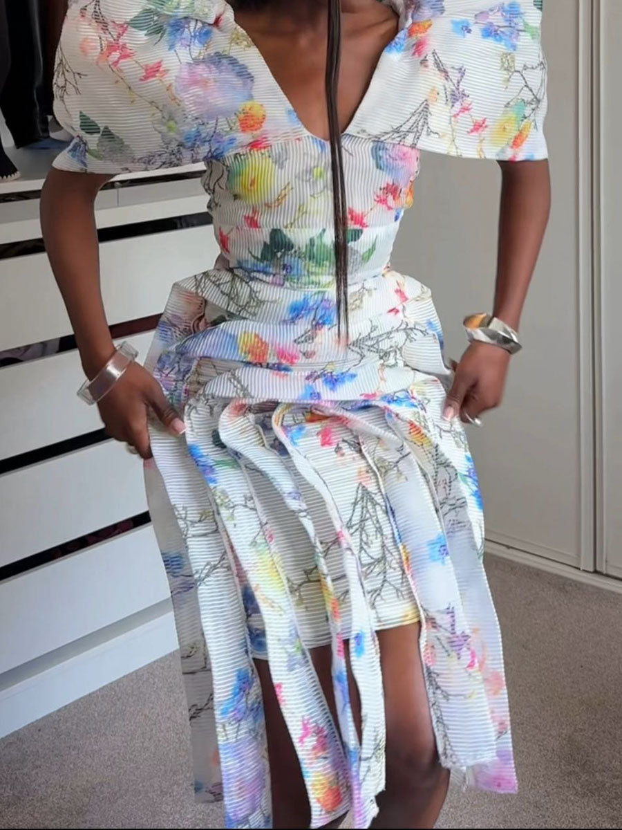 Floral Print Layered Sleeves V Neck Dress