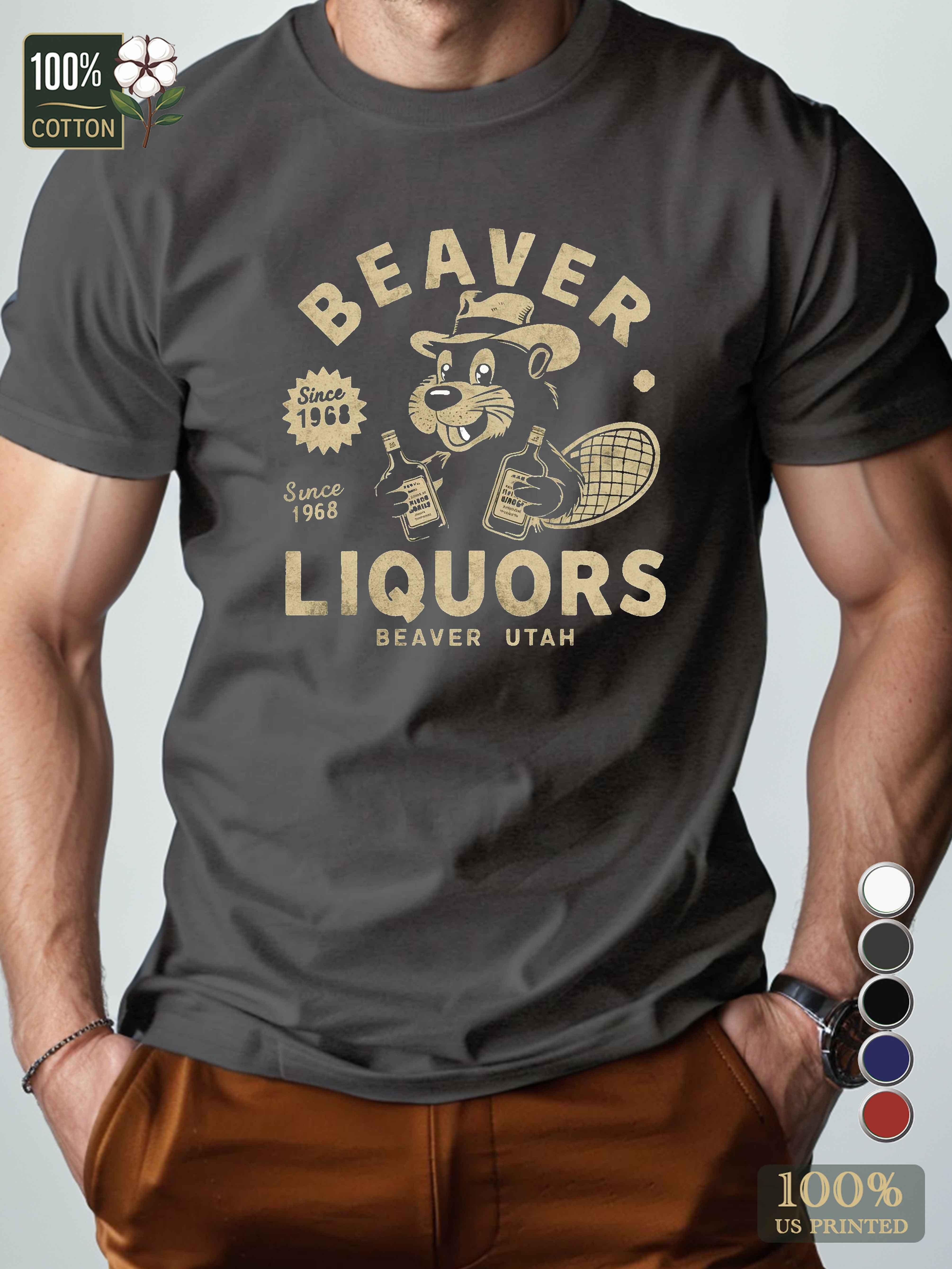 Cartoon beaver with liquor bottles Men's pure cotton Tshirt Comfort Fit