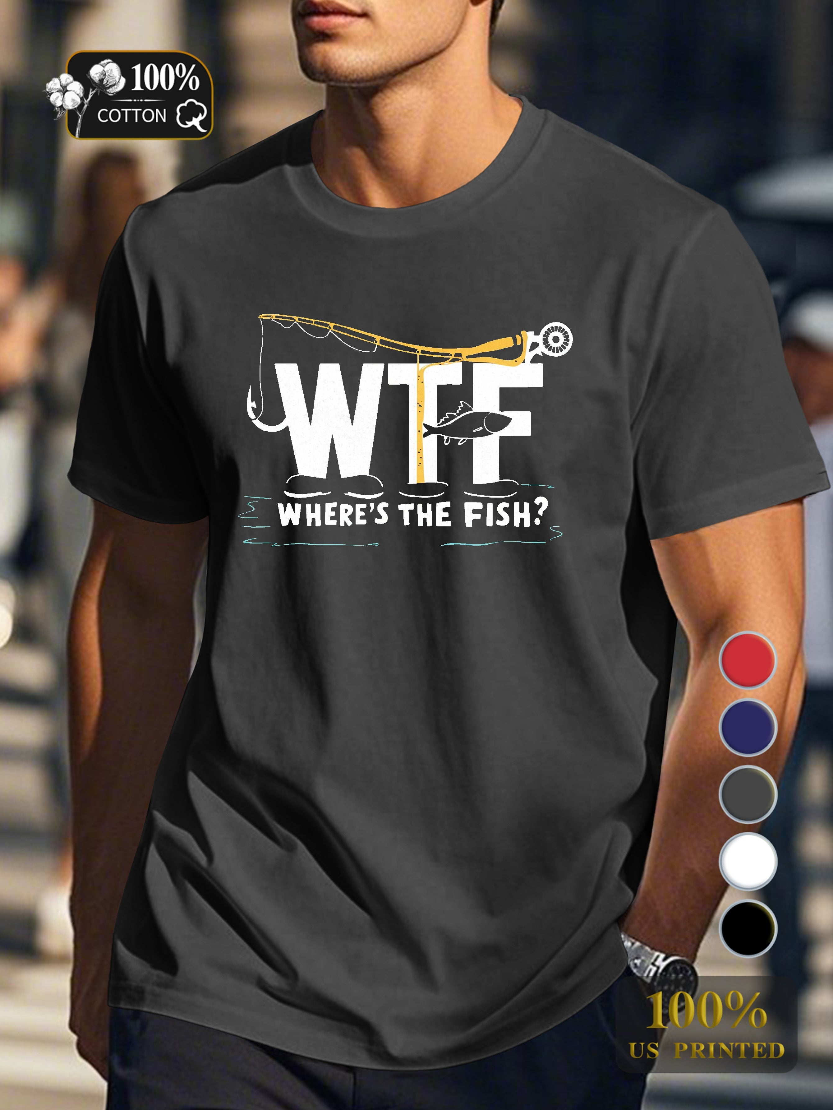 WTF fishing themed illustration Men's pure cotton Tshirt Comfort Fit