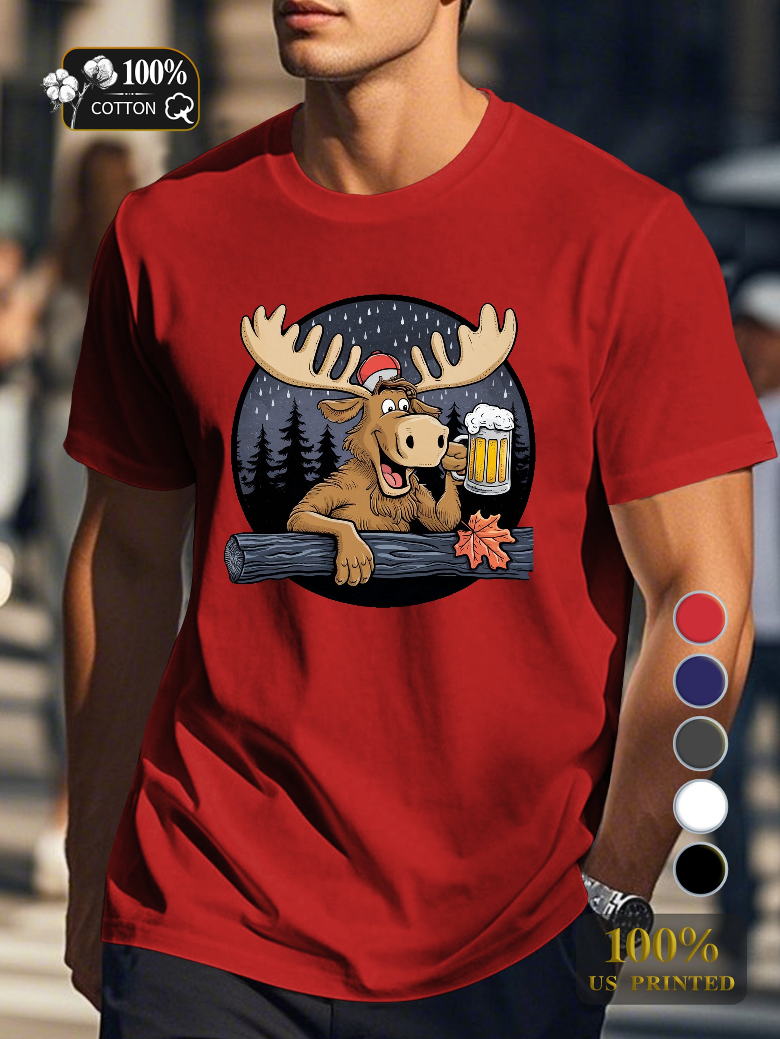 cheerful moose with beer Men's pure cotton Tshirt Comfort Fit