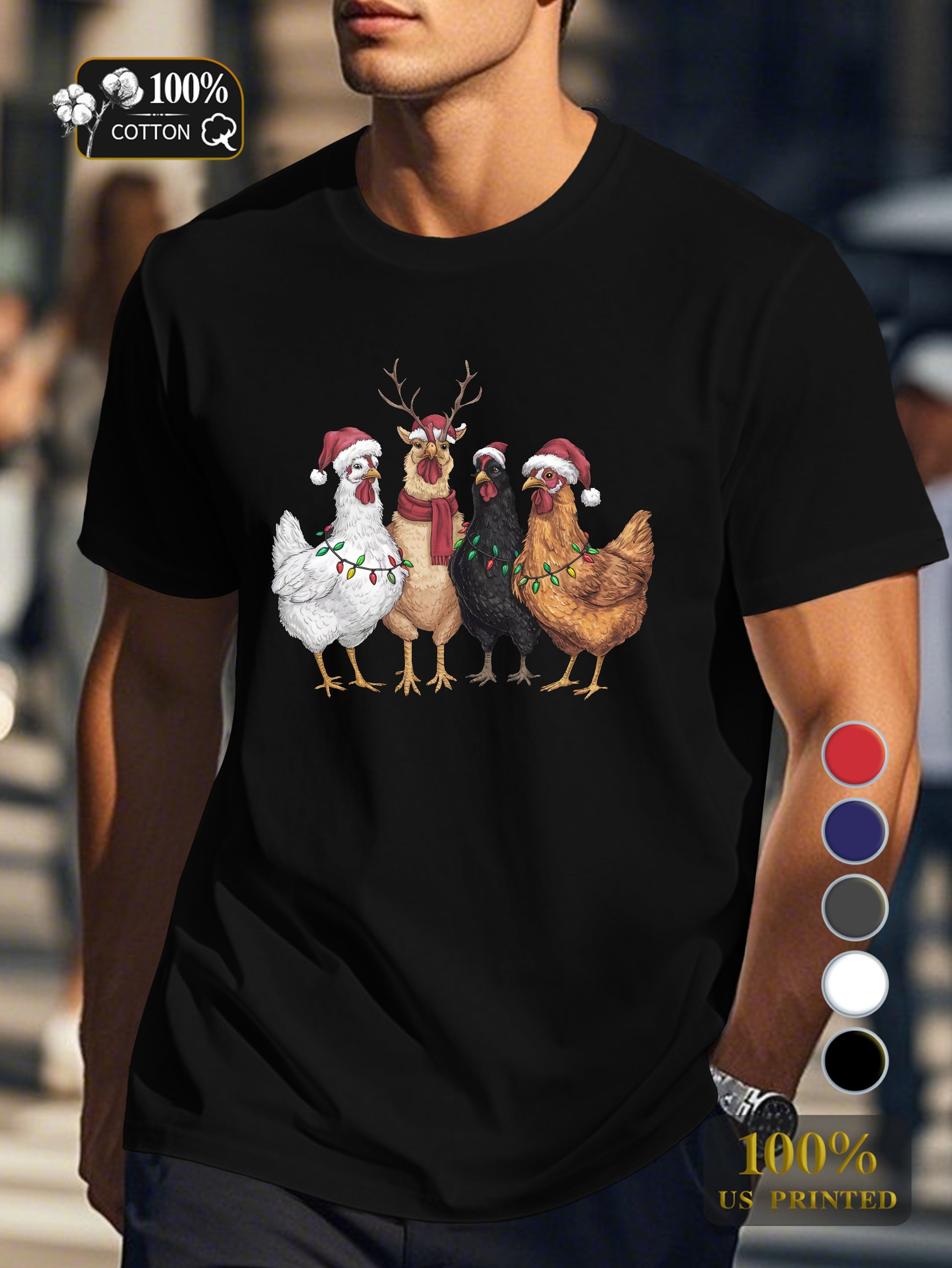 Festive chickens with Christmas lights Men's pure cotton Tshirt Comfort Fit