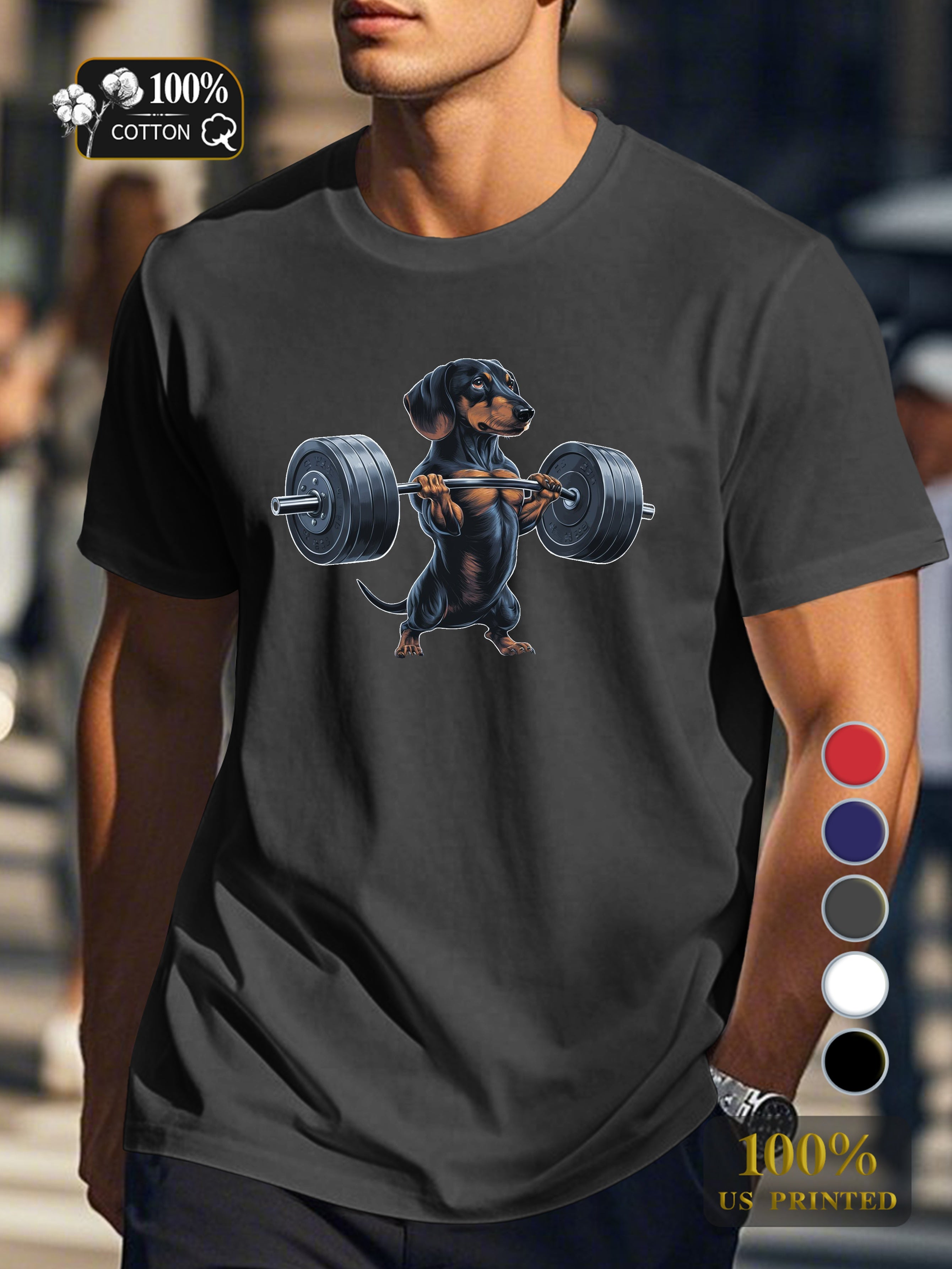 muscular dachshund lifting barbell Men's pure cotton Tshirt Comfort Fit