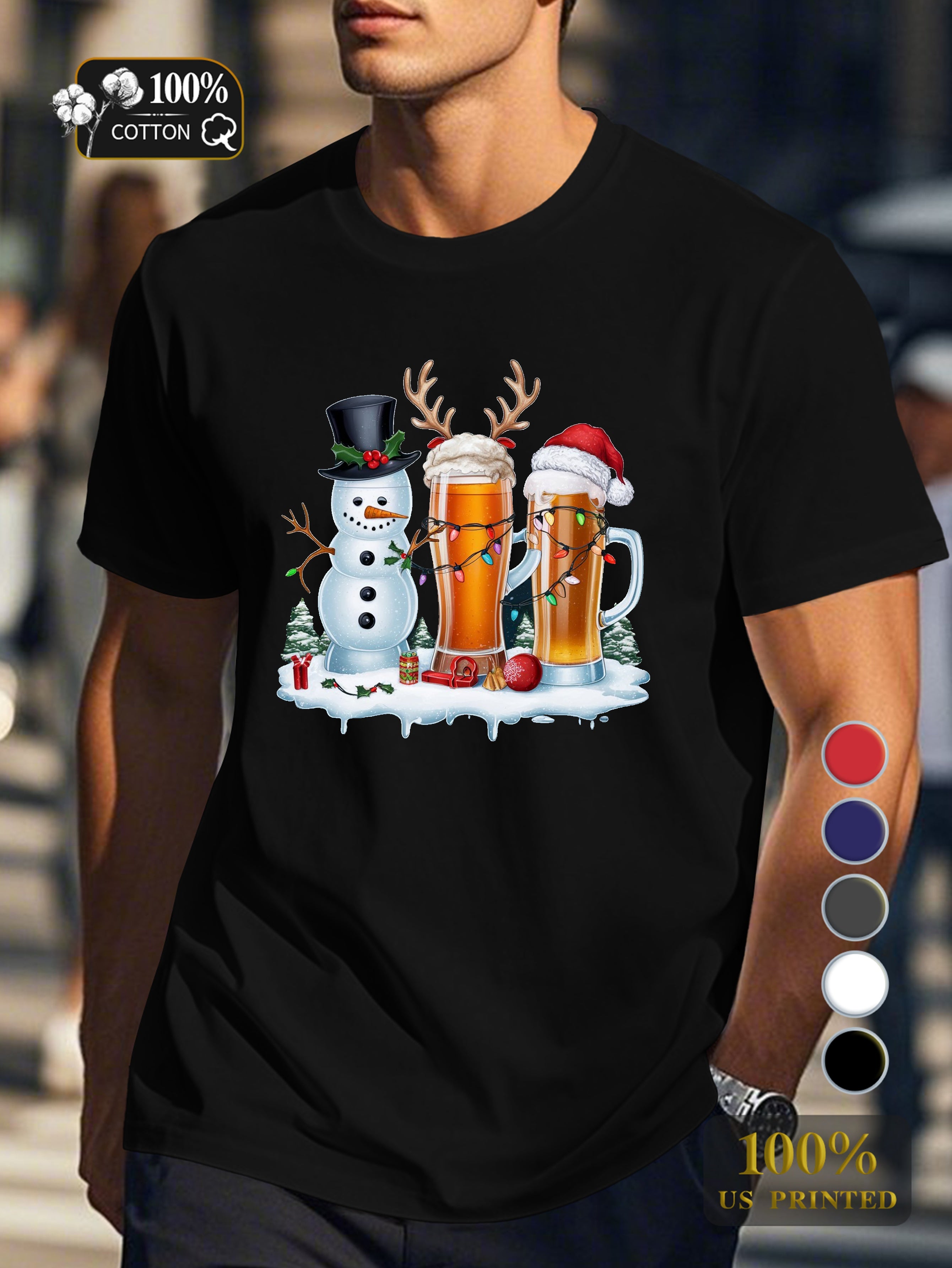 Holiday themed beer glasses Men's pure cotton Tshirt Comfort Fit