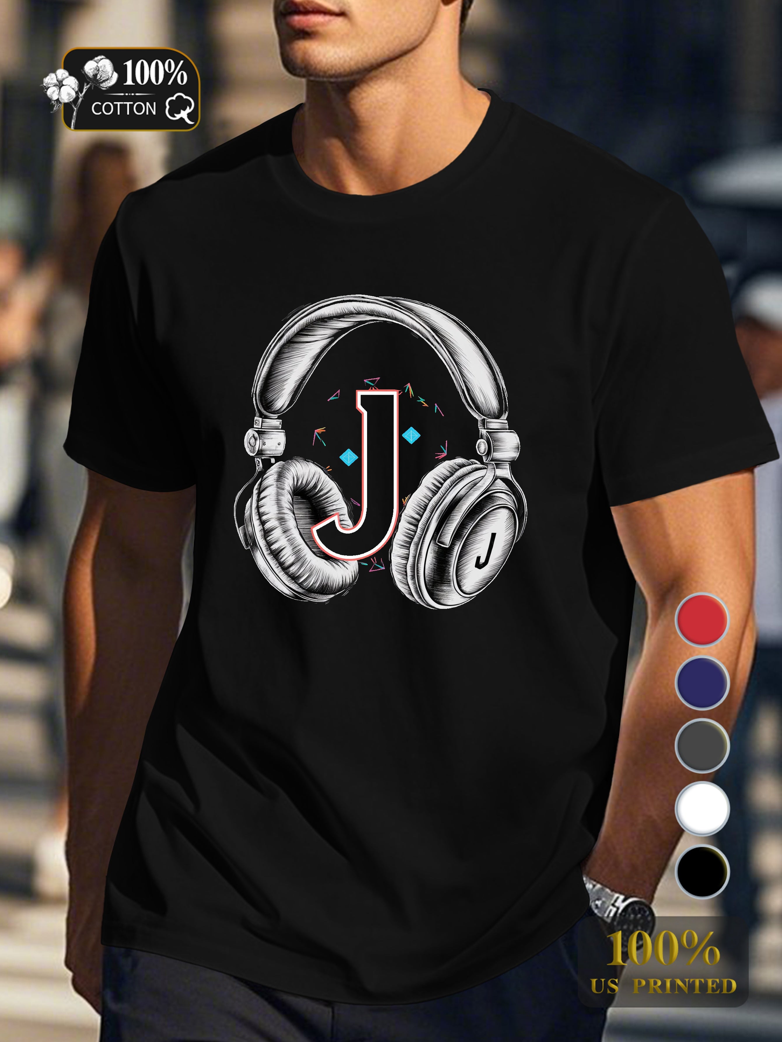 vintage headphones and letter J Men's pure cotton Tshirt Comfort Fit