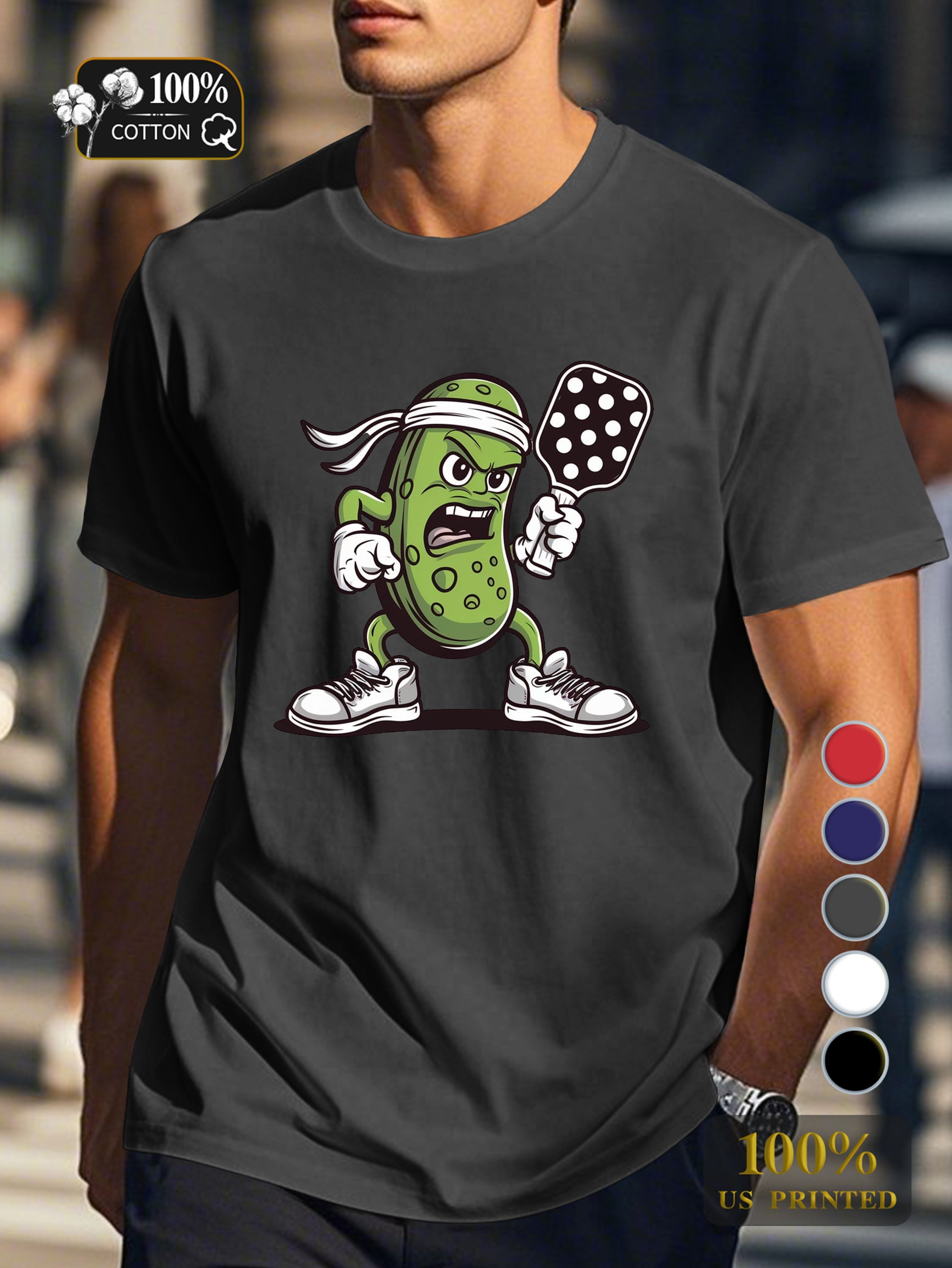 determined pickle character playing pickleball Men's pure cotton Tshirt Comfort Fit